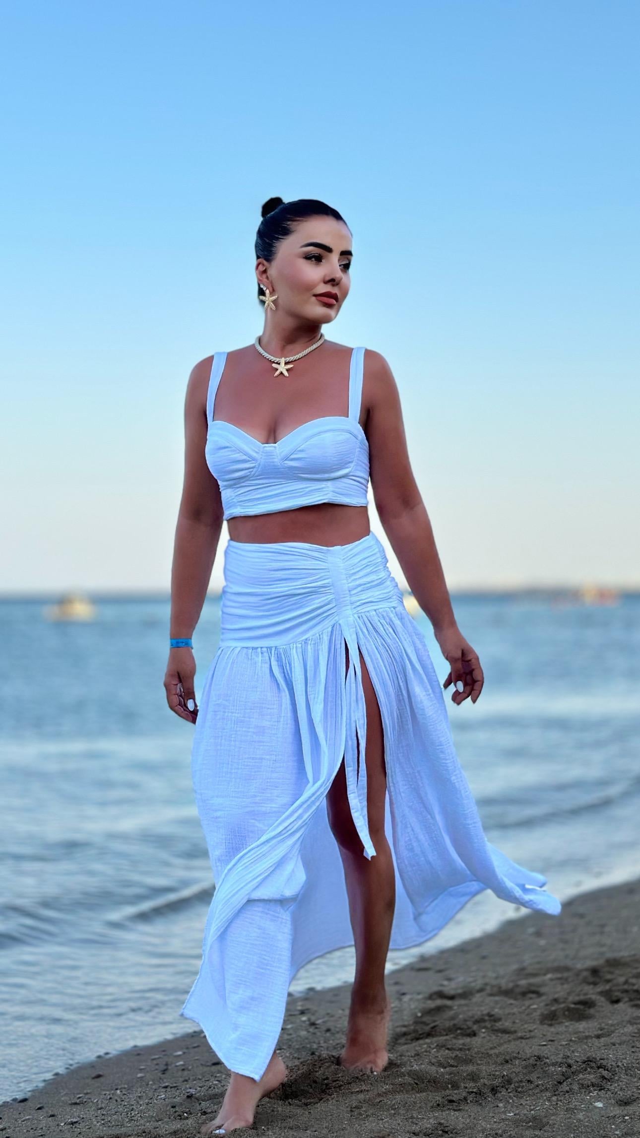 Beyaz Etekli Crop Müslin Takım