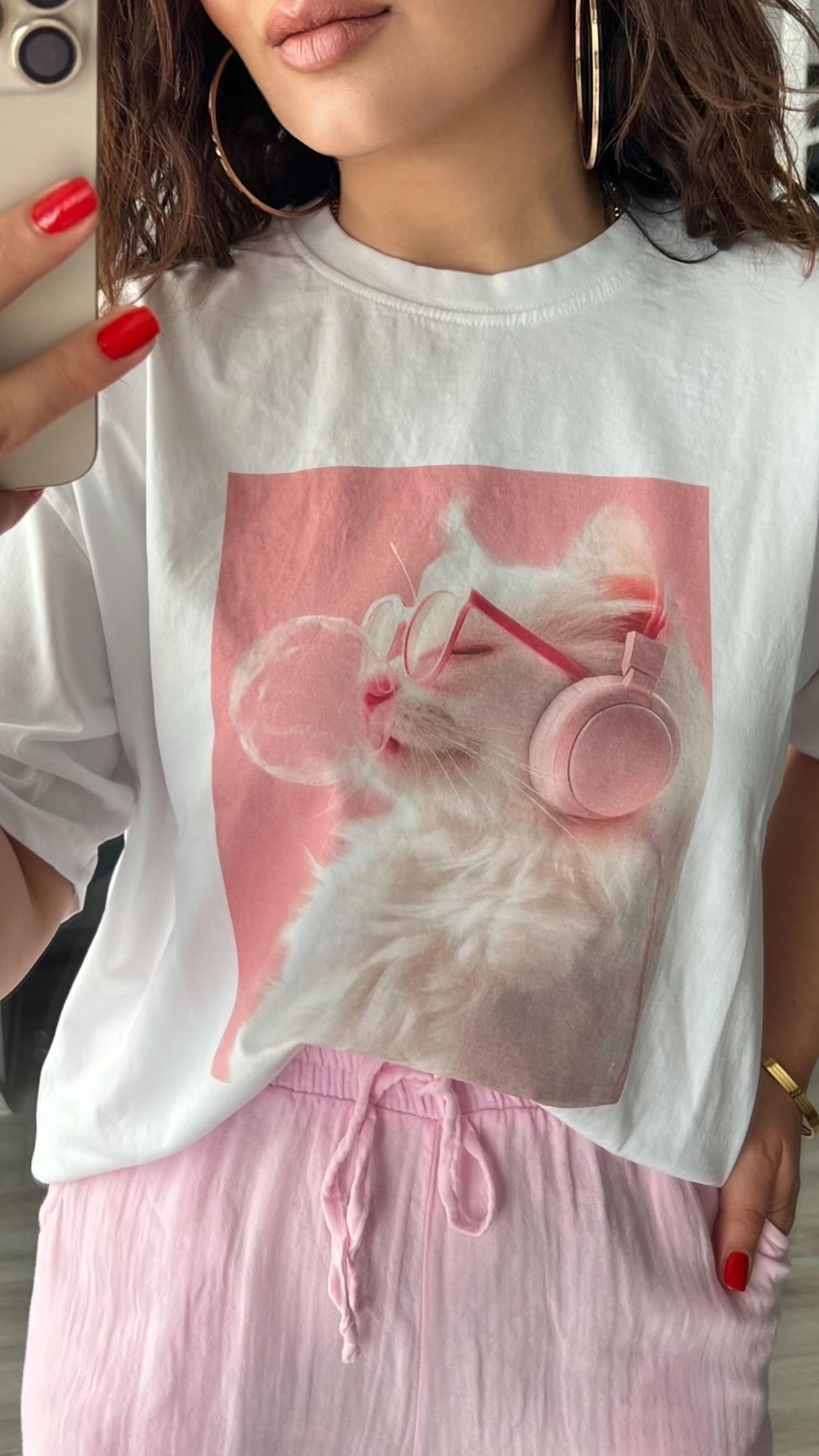 Beyaz Kedi Baskılı Tshirt