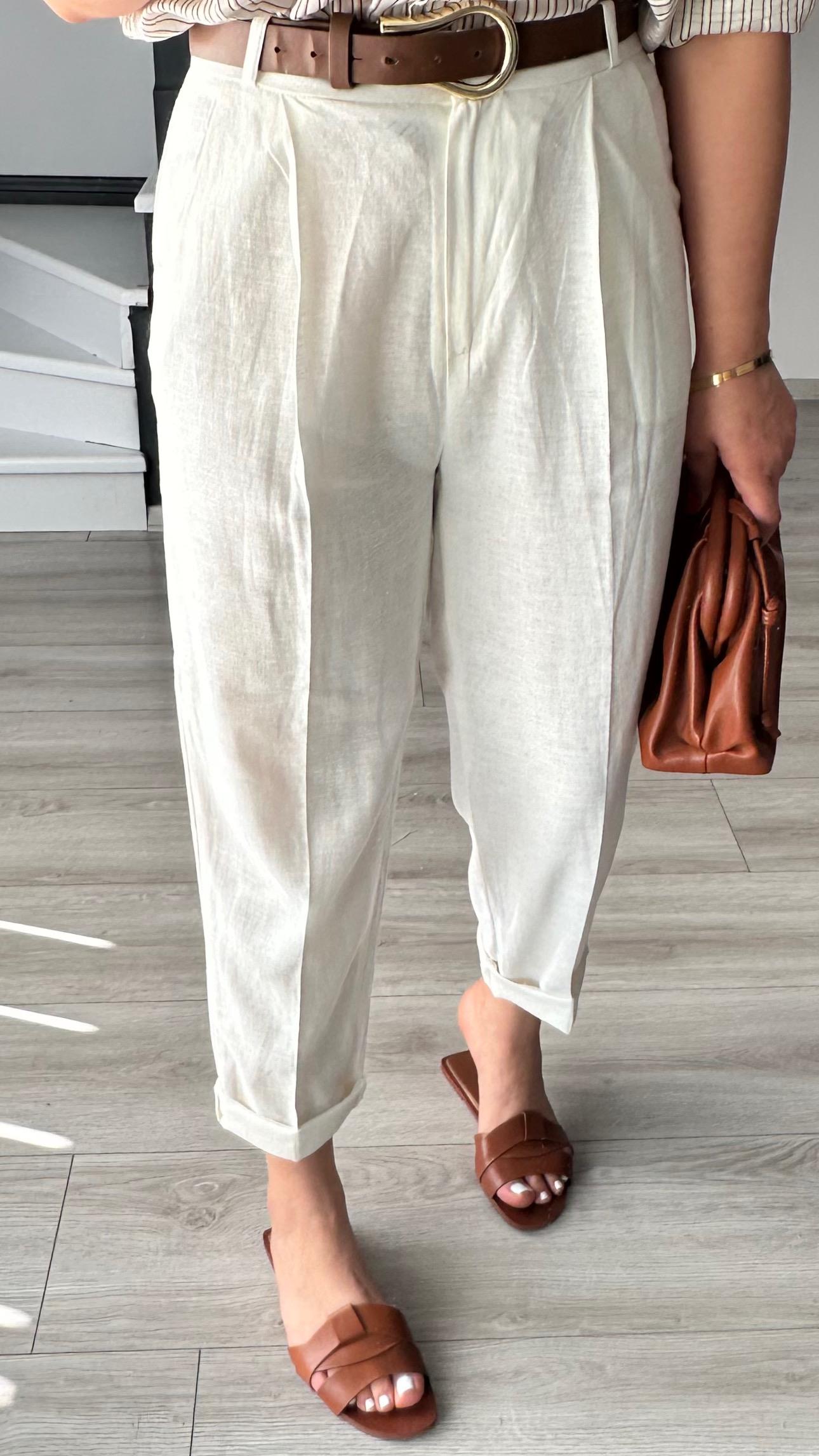 White Linen Carrot Pants with Belt