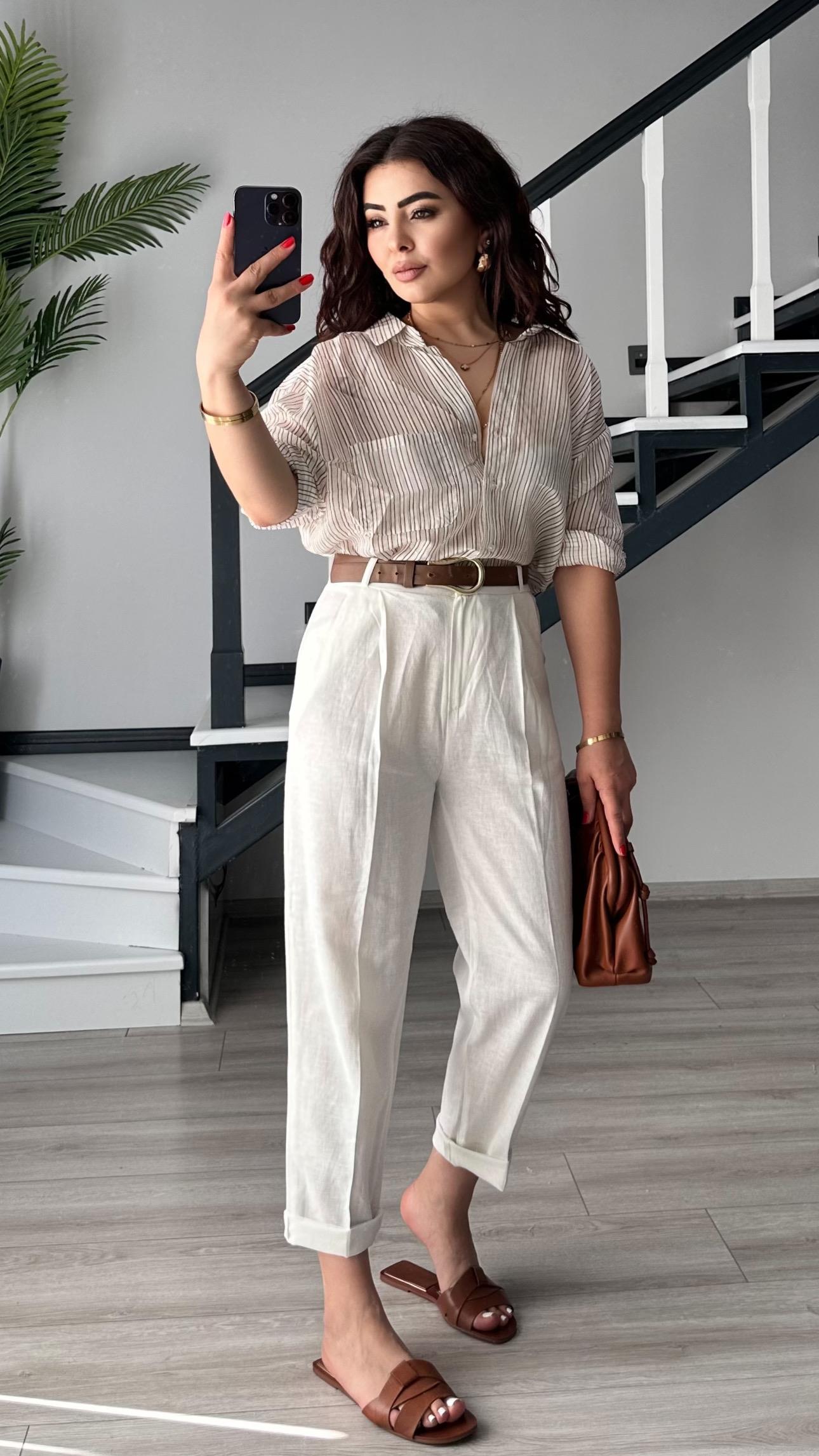 White Linen Carrot Pants with Belt