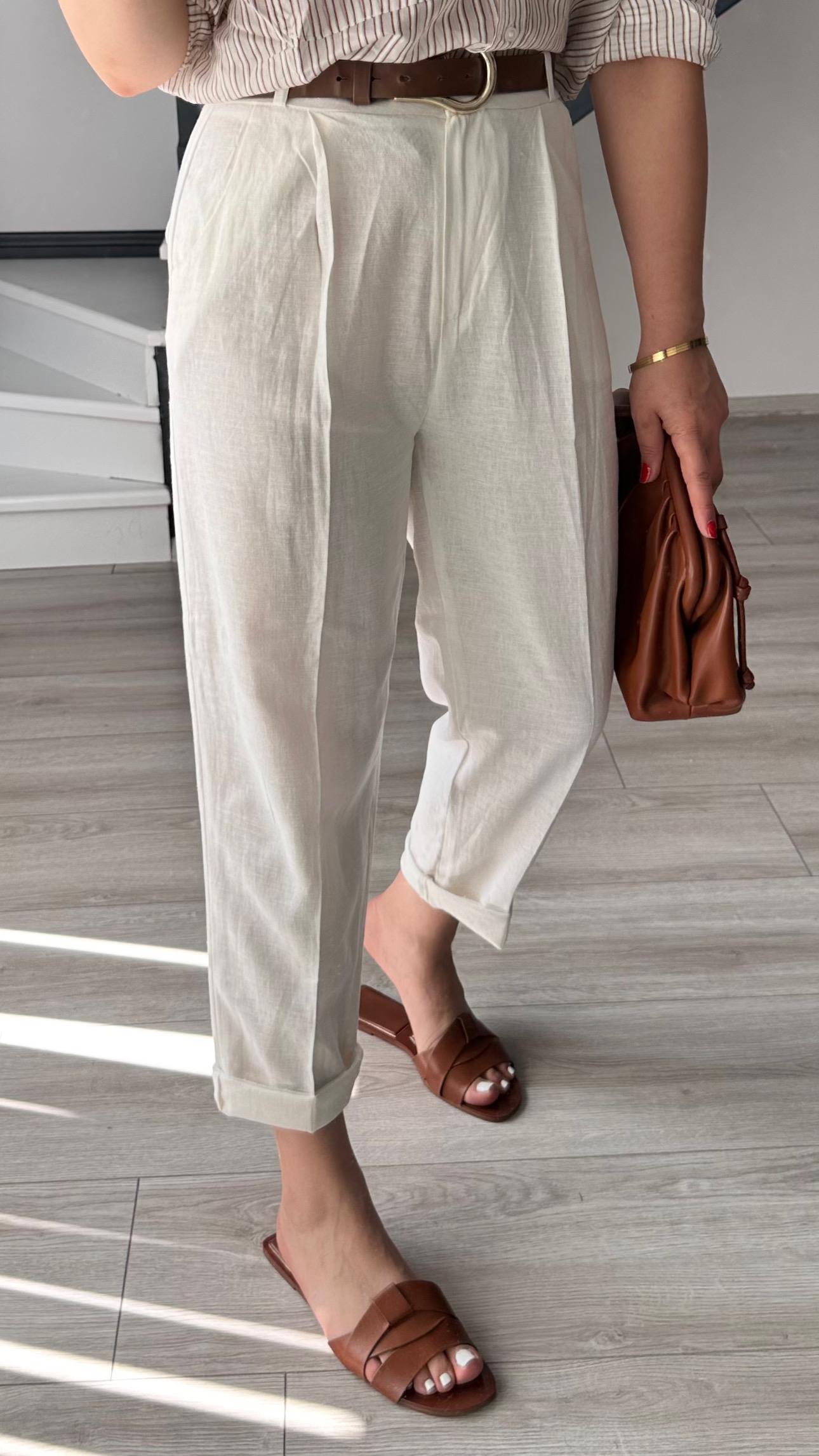 White Linen Carrot Pants with Belt