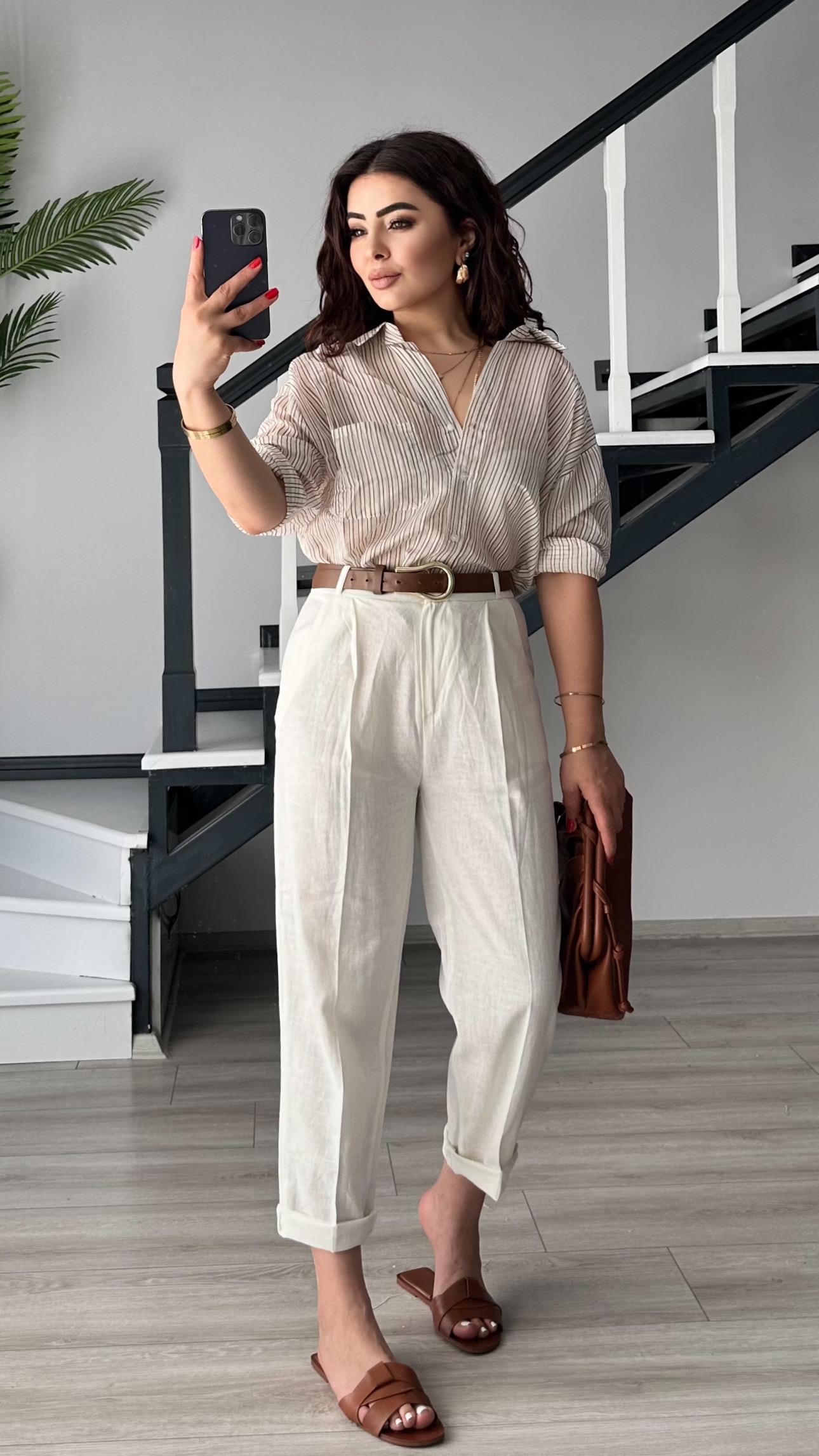 White Linen Carrot Pants with Belt