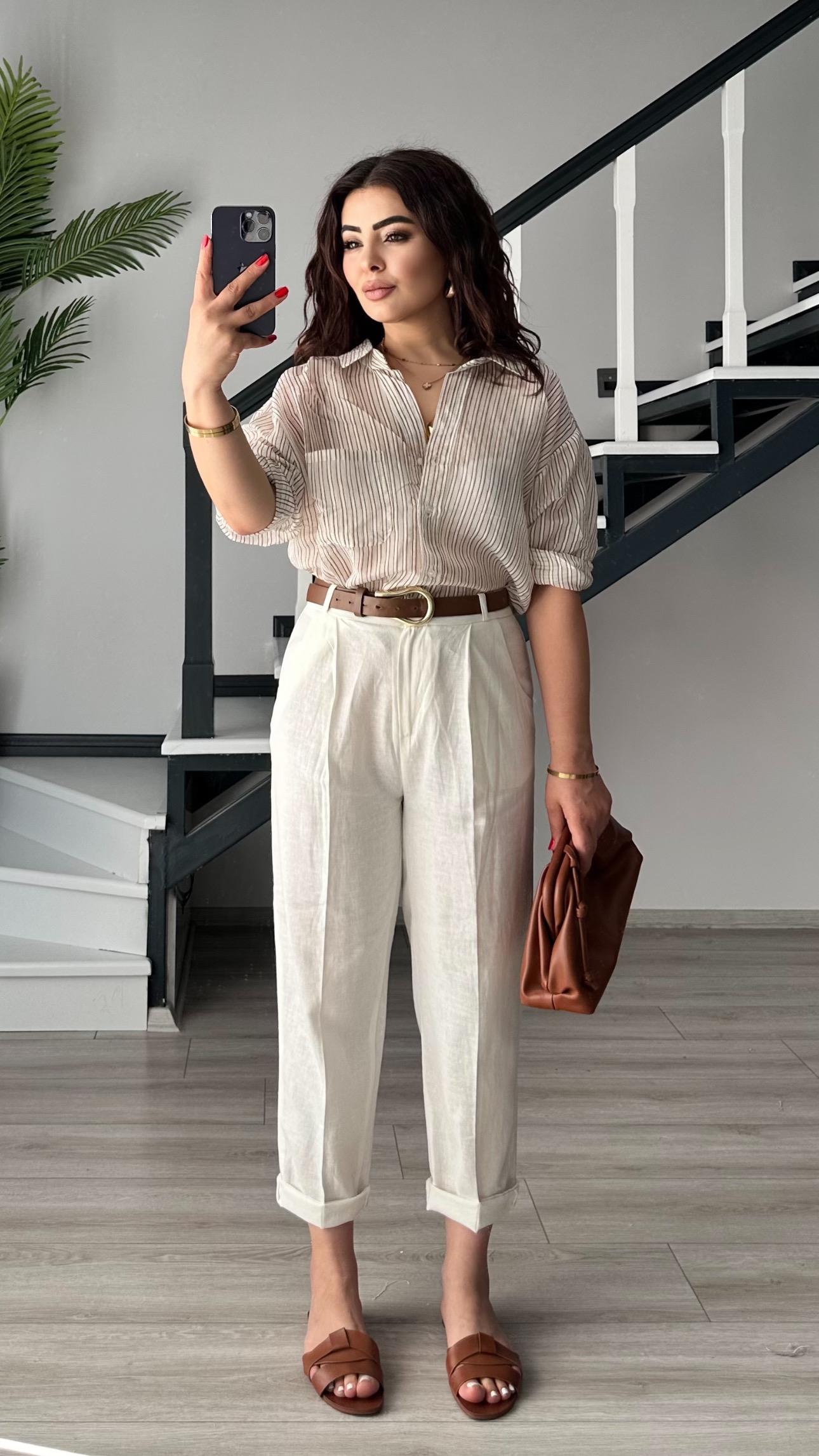 White Linen Carrot Pants with Belt