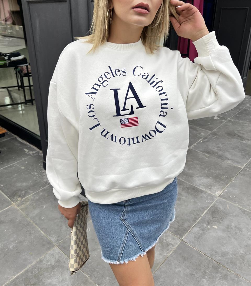 Beyaz LA Baskılı Sweatshirt