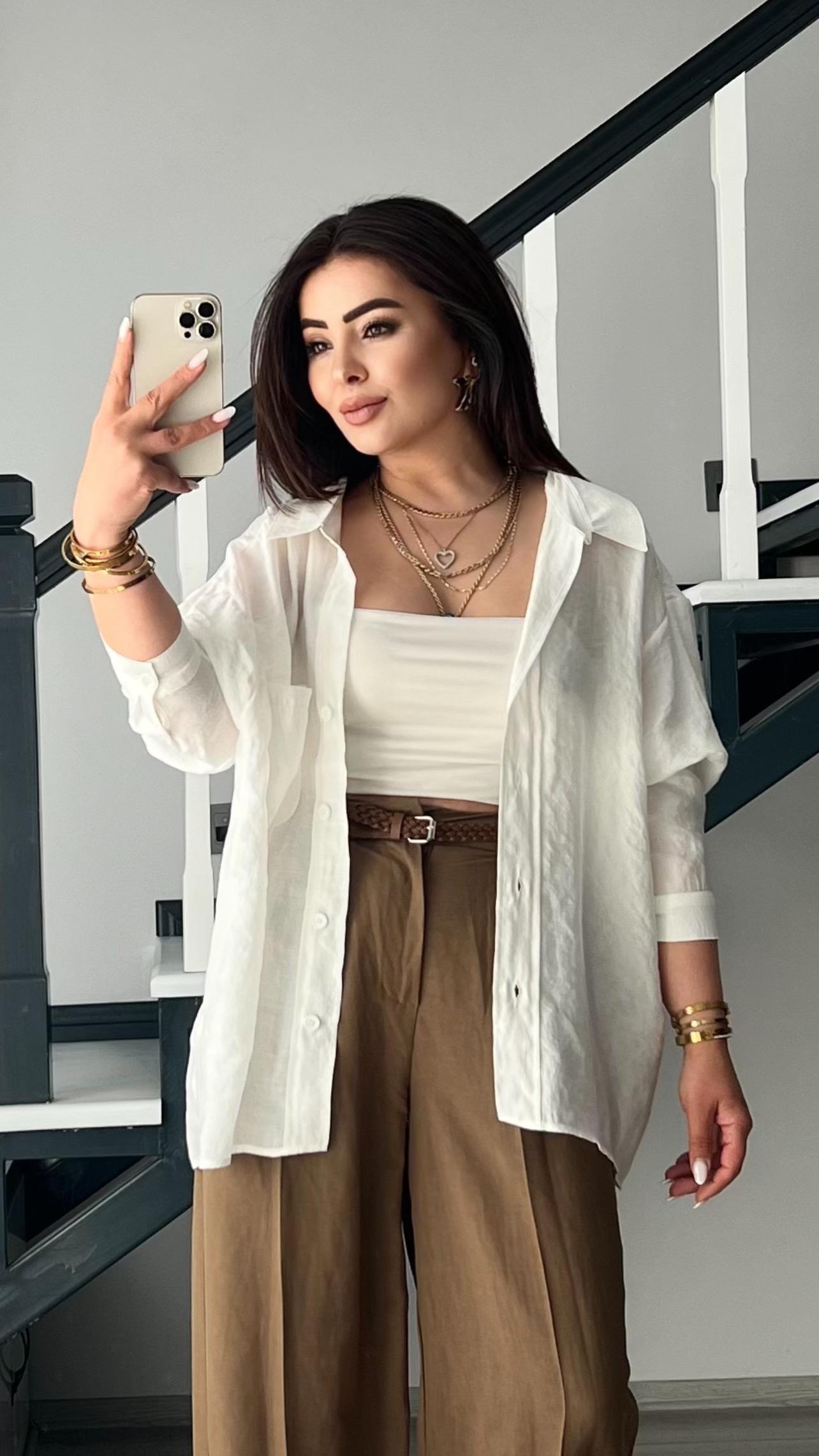 Beyaz Oversize Tensel Gömlek 