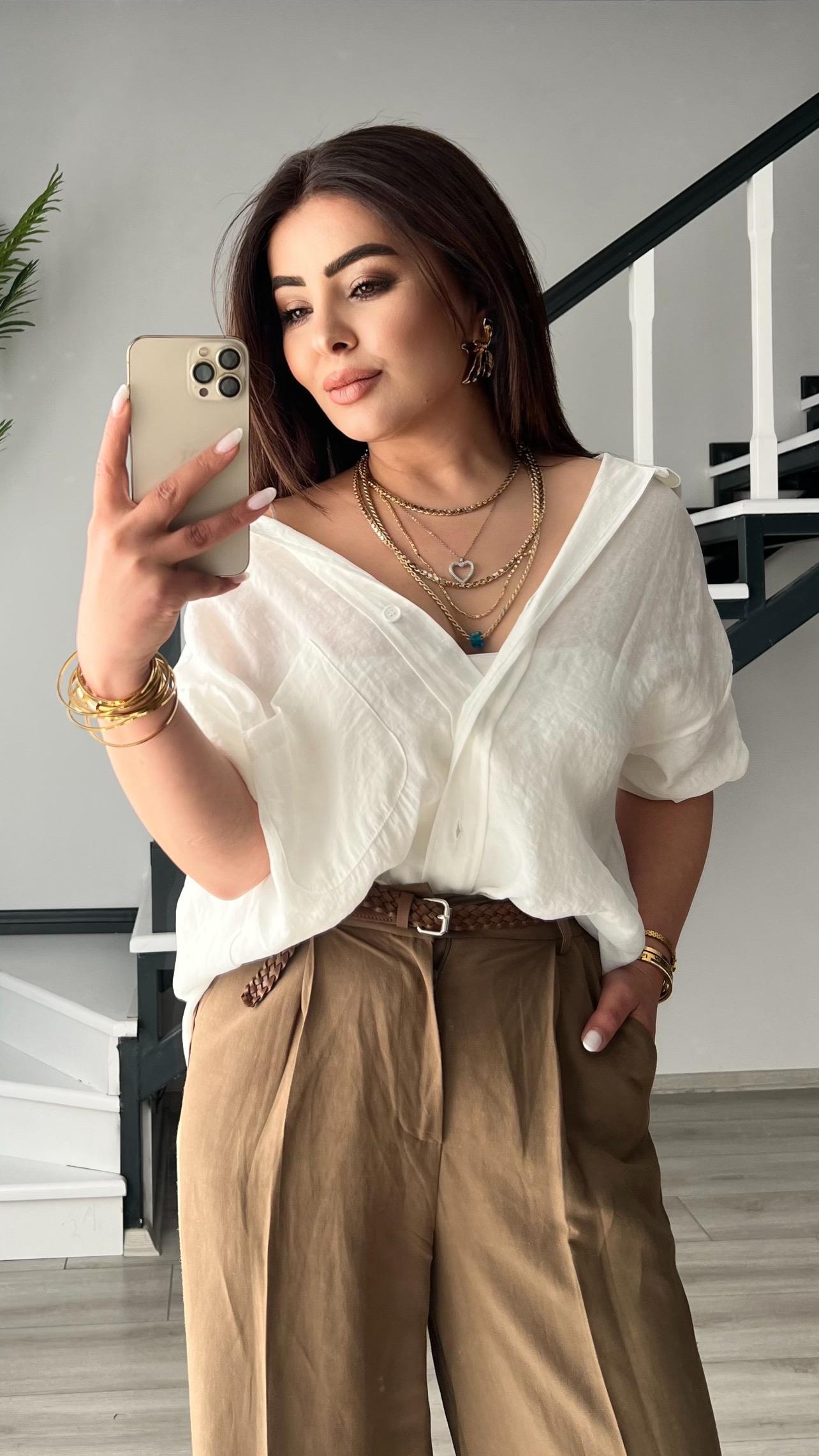 Beyaz Oversize Tensel Gömlek 