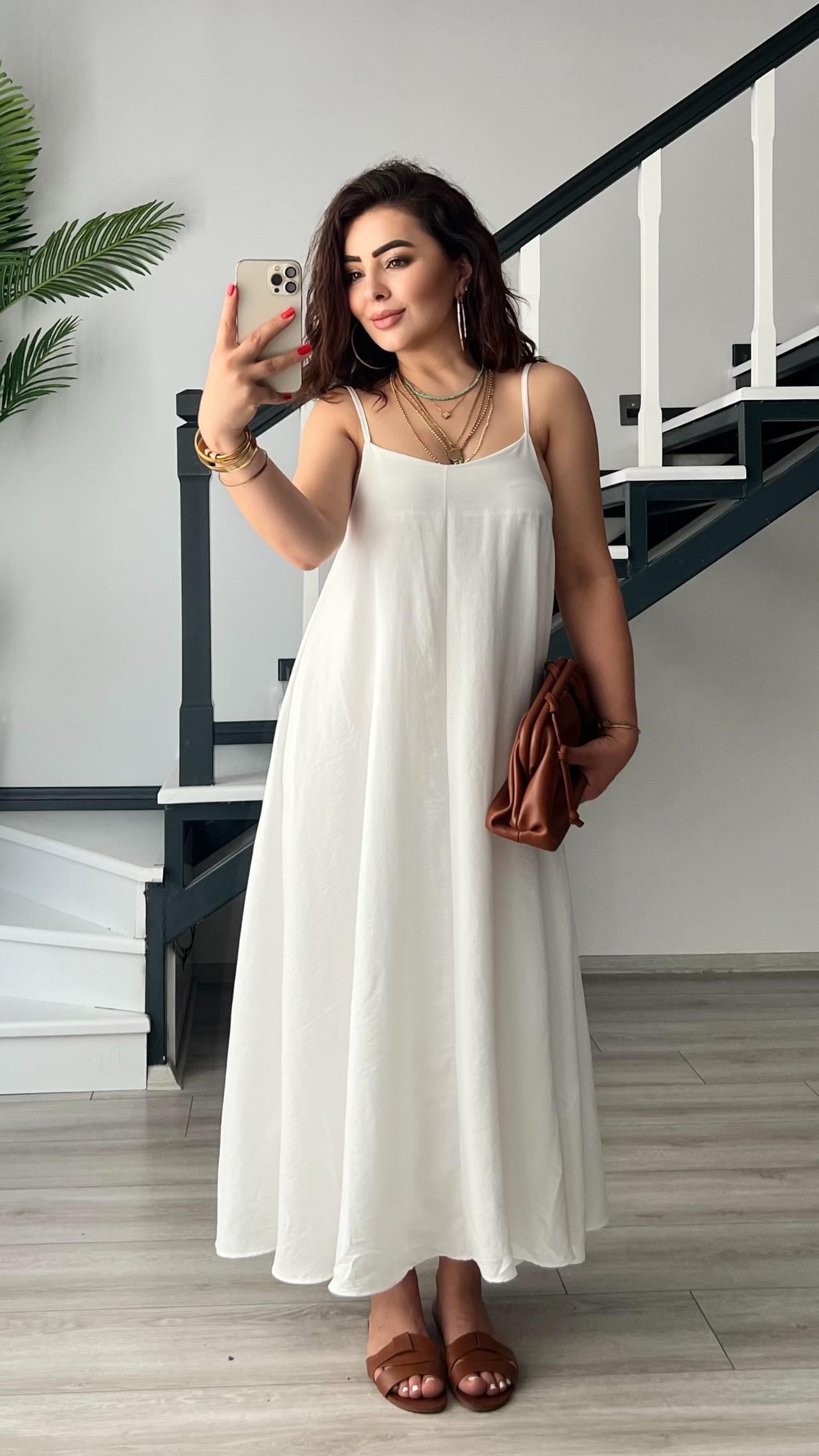 Beyaz Premium Askılı Elbise