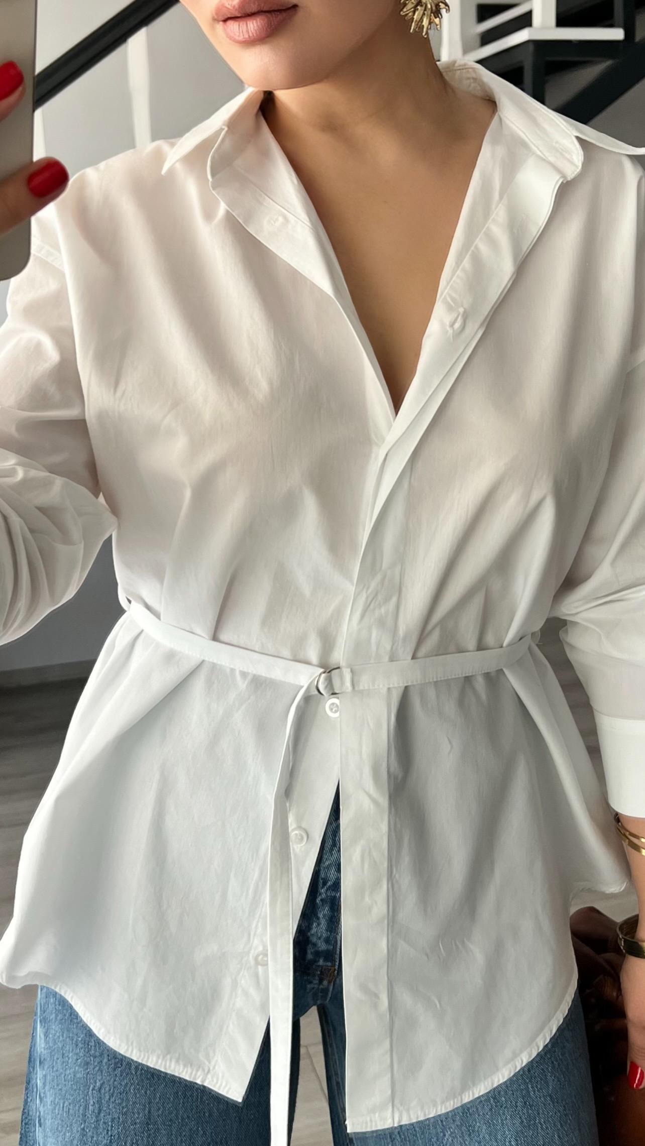 Beyaz Premium Kemerli Poplin Gömlek