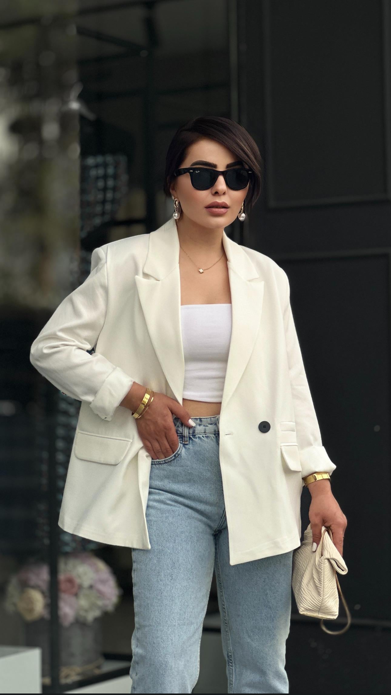 Beyaz Regular Tek Düğme Blazer Ceket