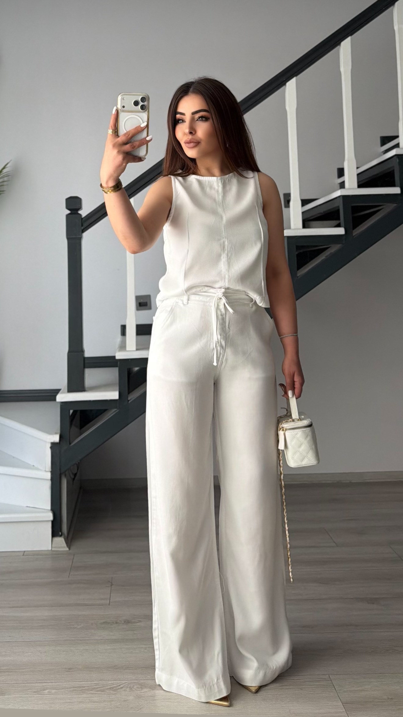 White Back Zipper Blouse & Elasticated Trousers Tencel Set