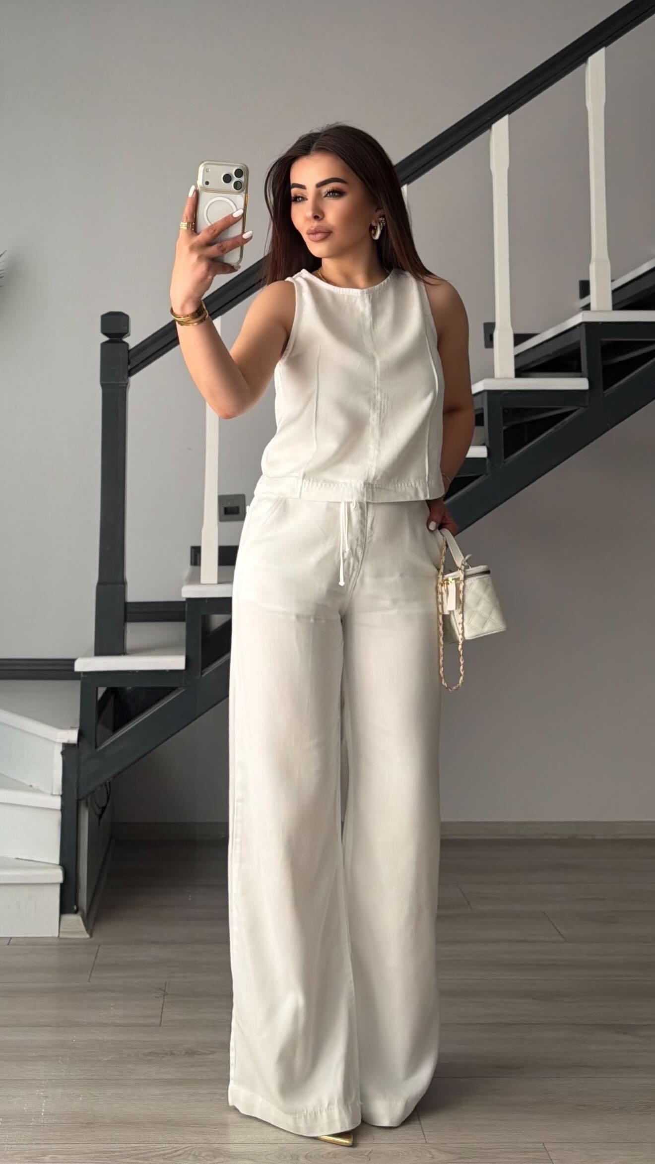 White Back Zipper Blouse & Elasticated Trousers Tencel Set