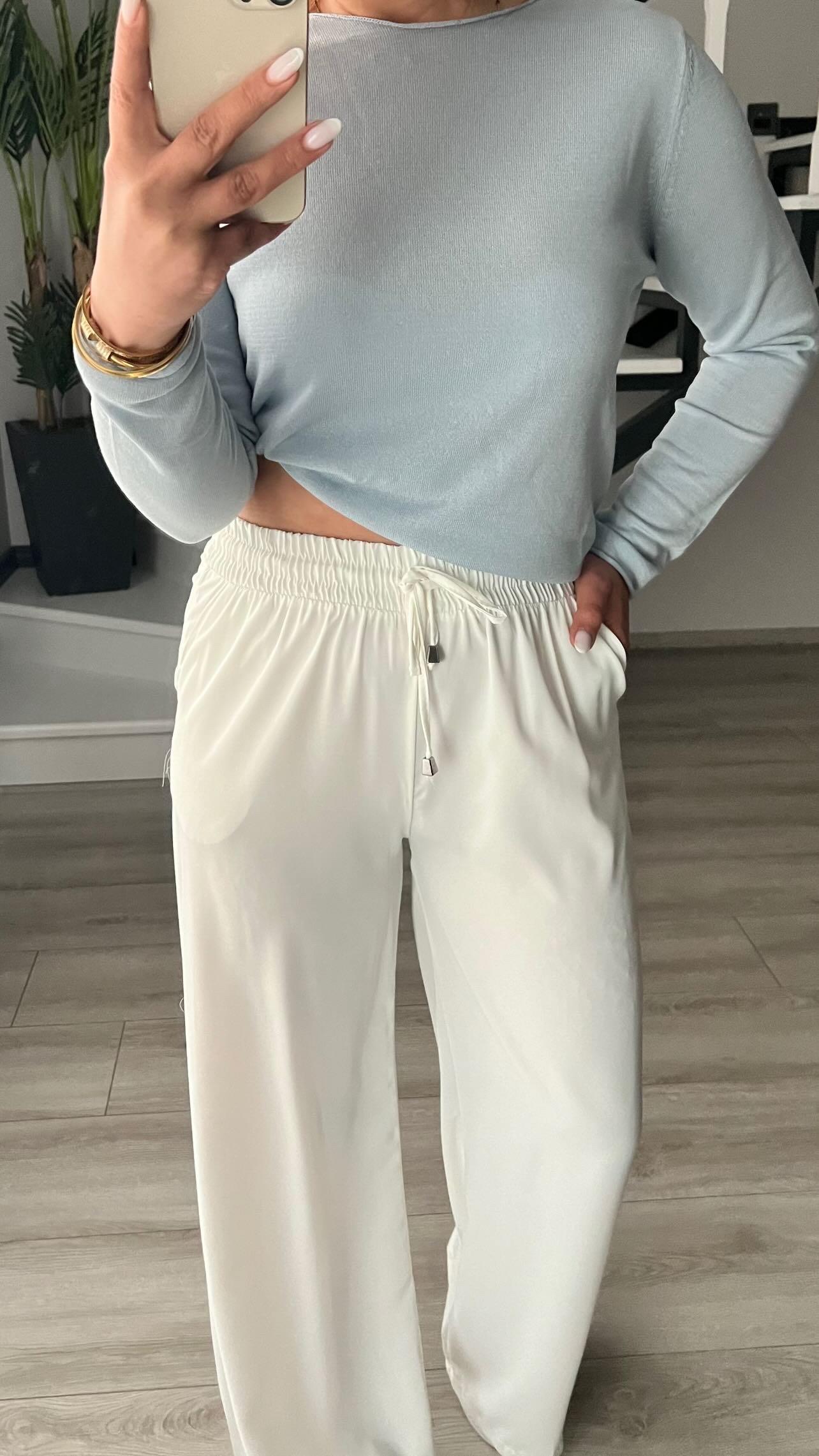 Beyaz Tensel Kumaş Beli Lastikli Pantolon