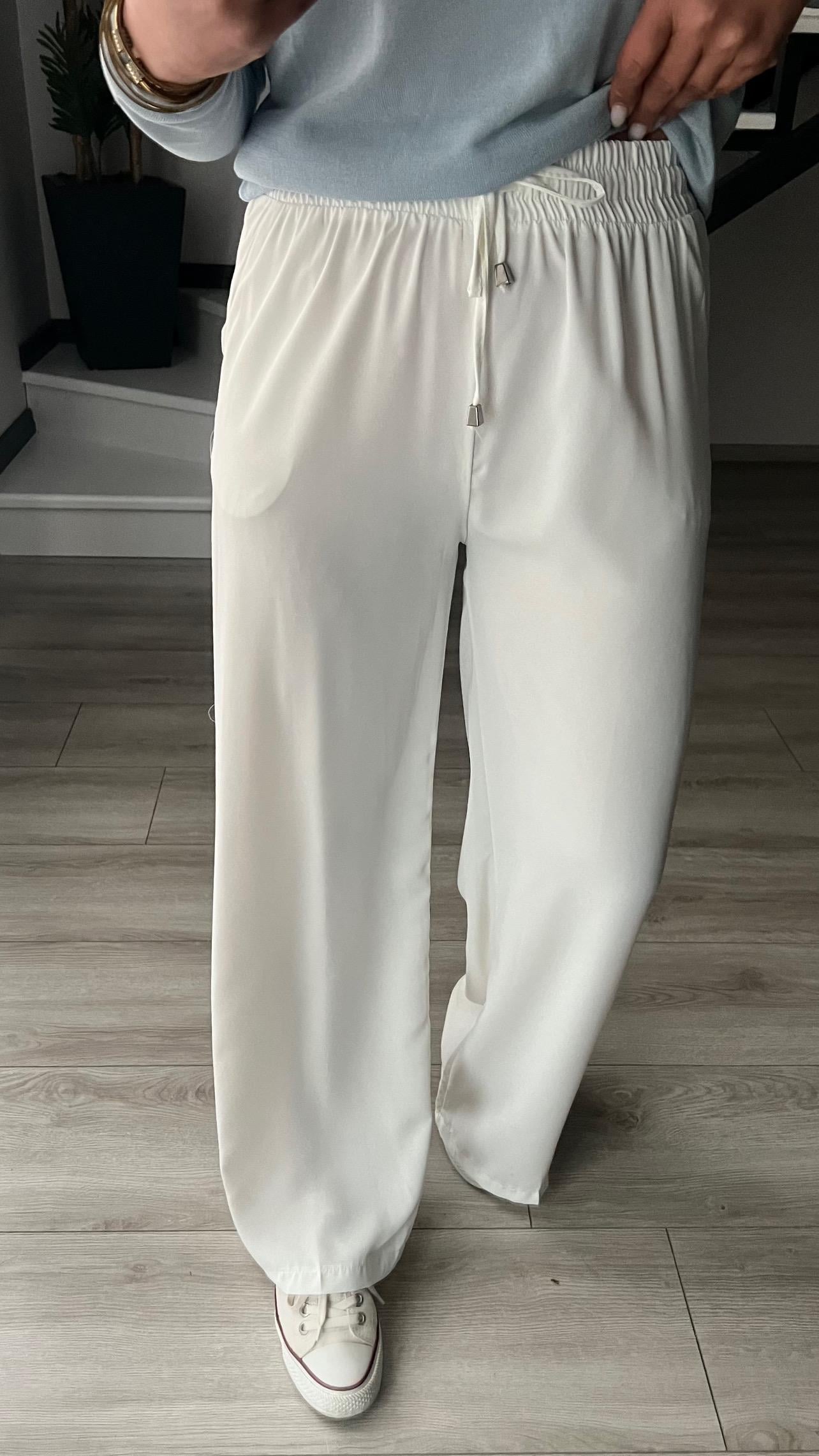 Beyaz Tensel Kumaş Beli Lastikli Pantolon