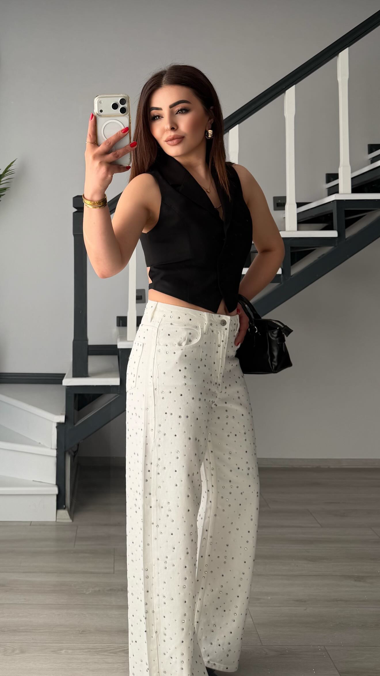 White Tencel Beaded Wide Leg Jeans