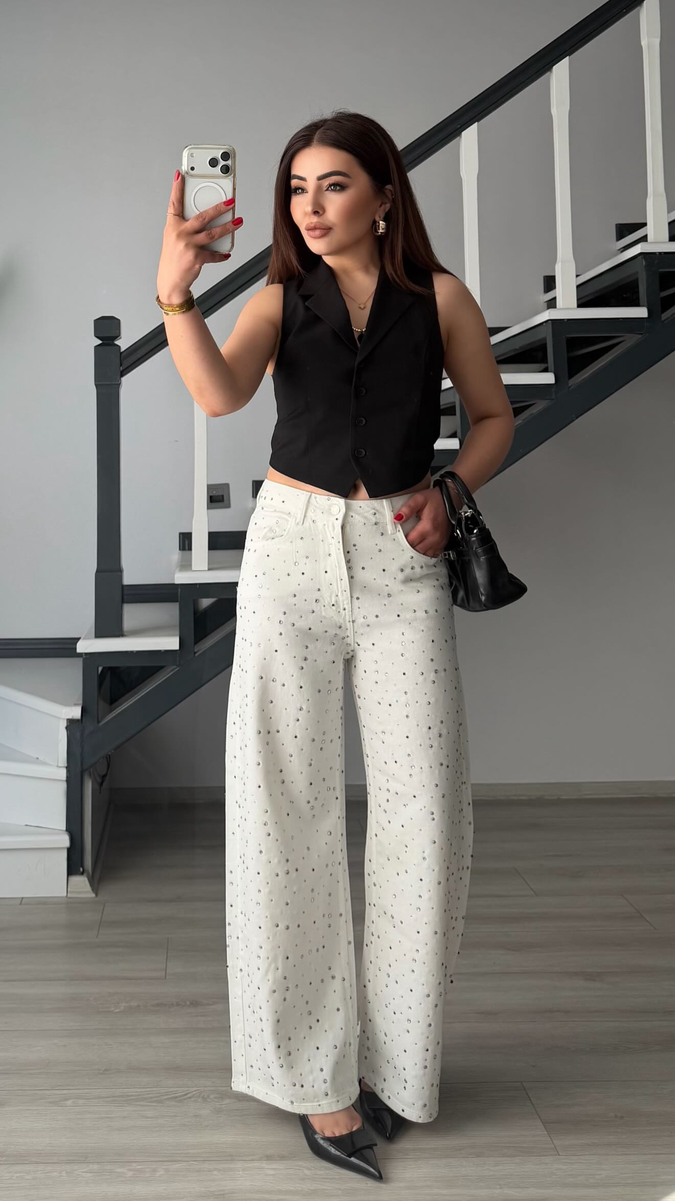 White Tencel Beaded Wide Leg Jeans