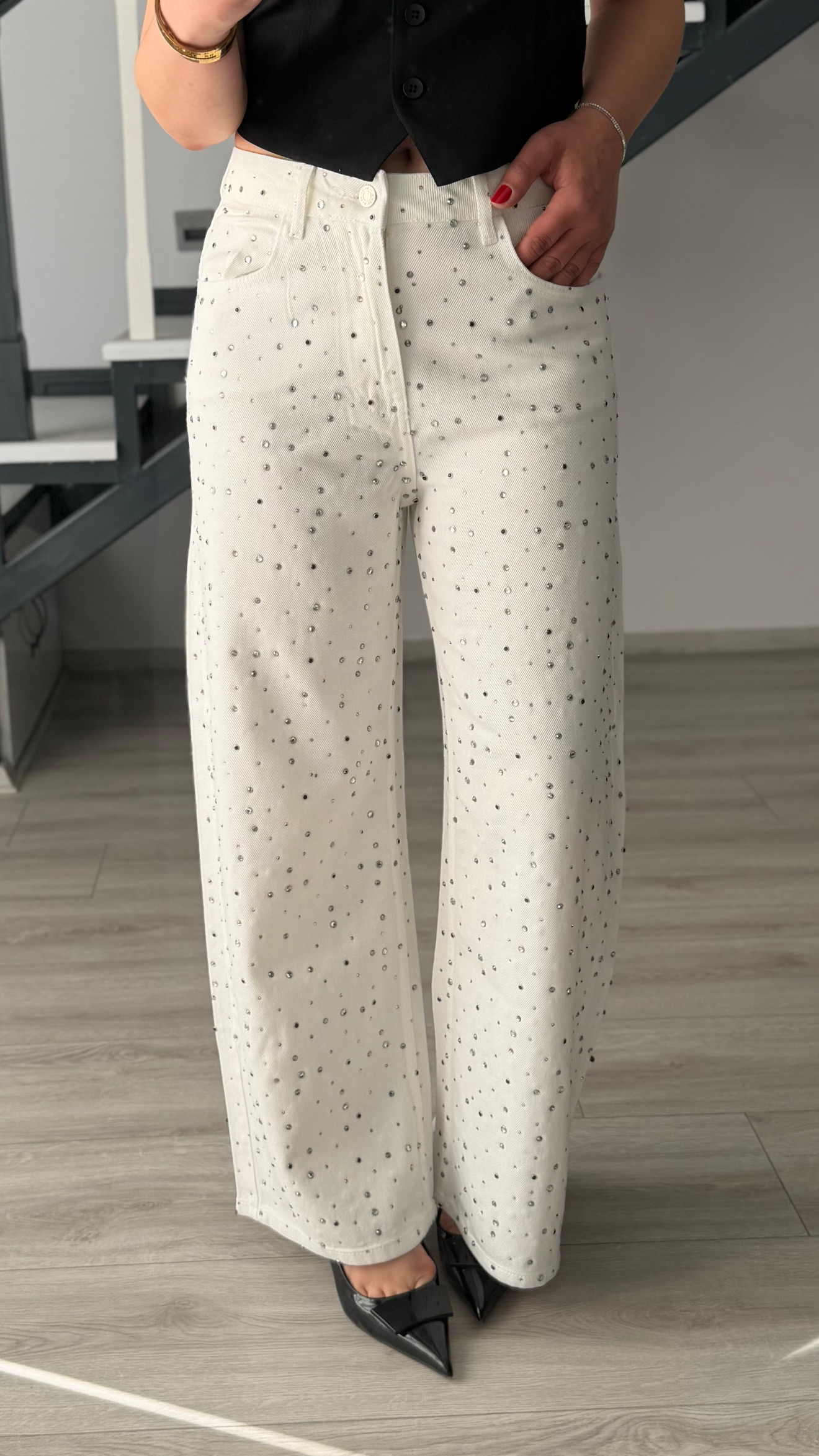 White Tencel Beaded Wide Leg Jeans