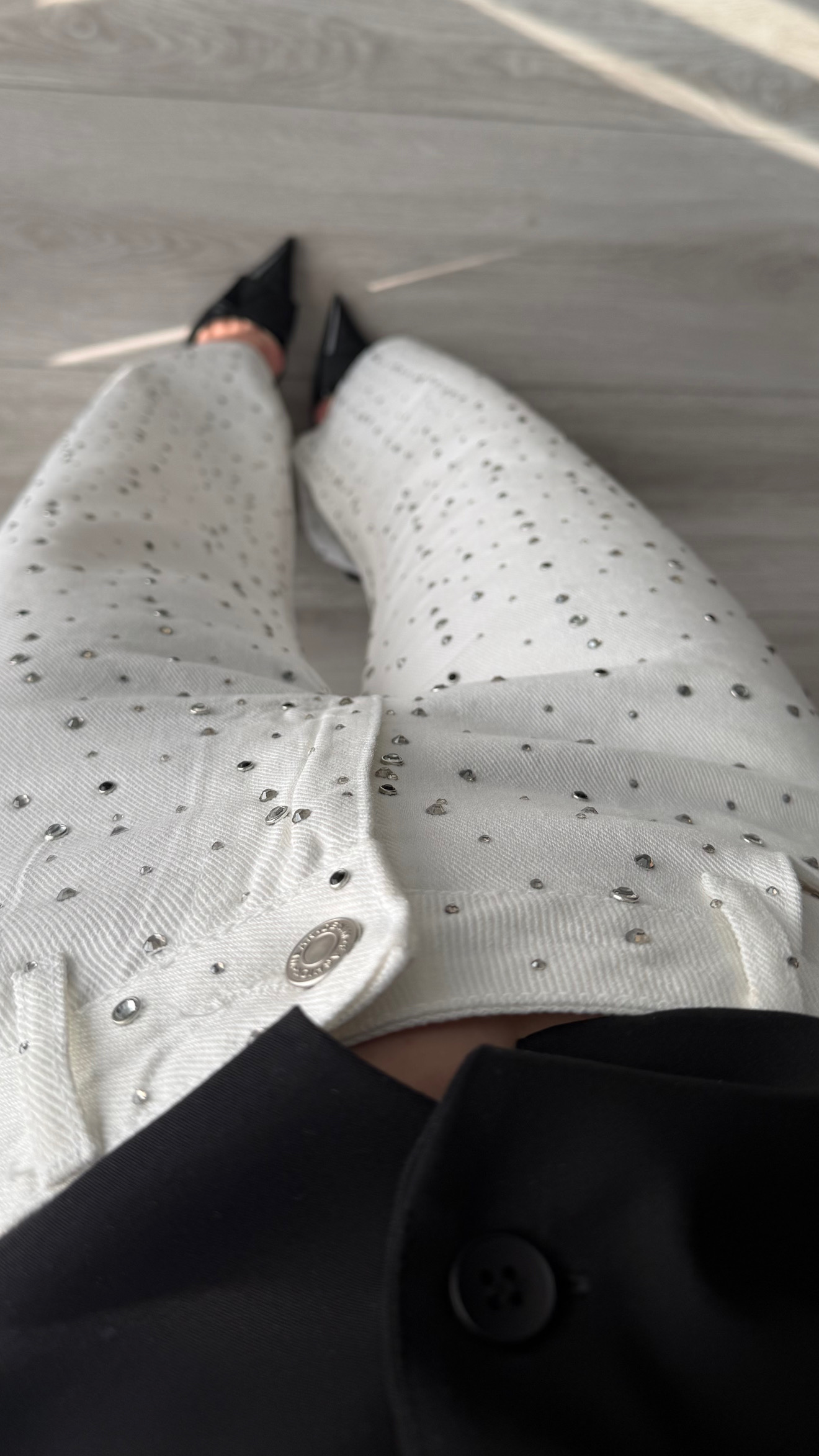 White Tencel Beaded Wide Leg Jeans