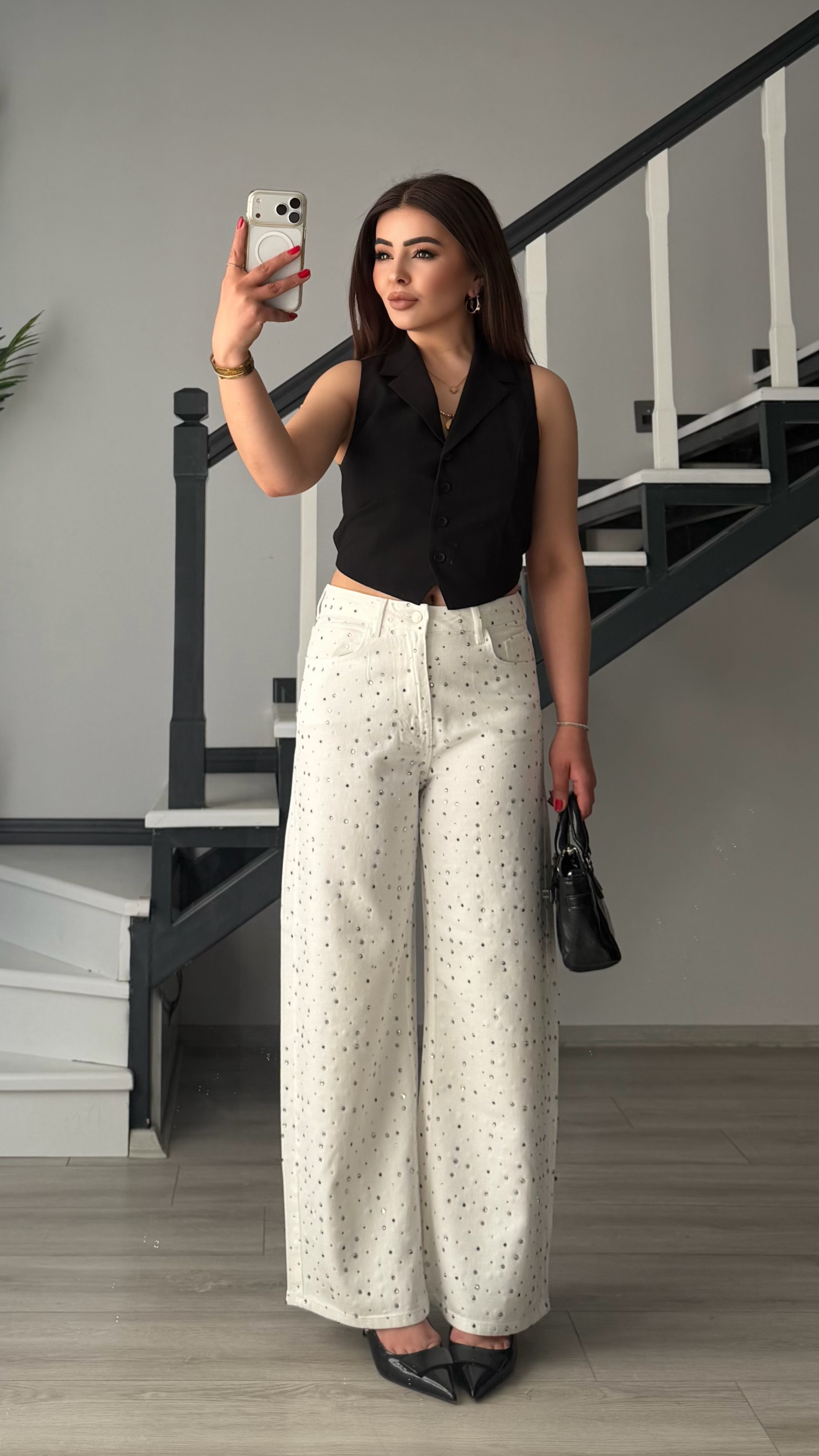 White Tencel Beaded Wide Leg Jeans