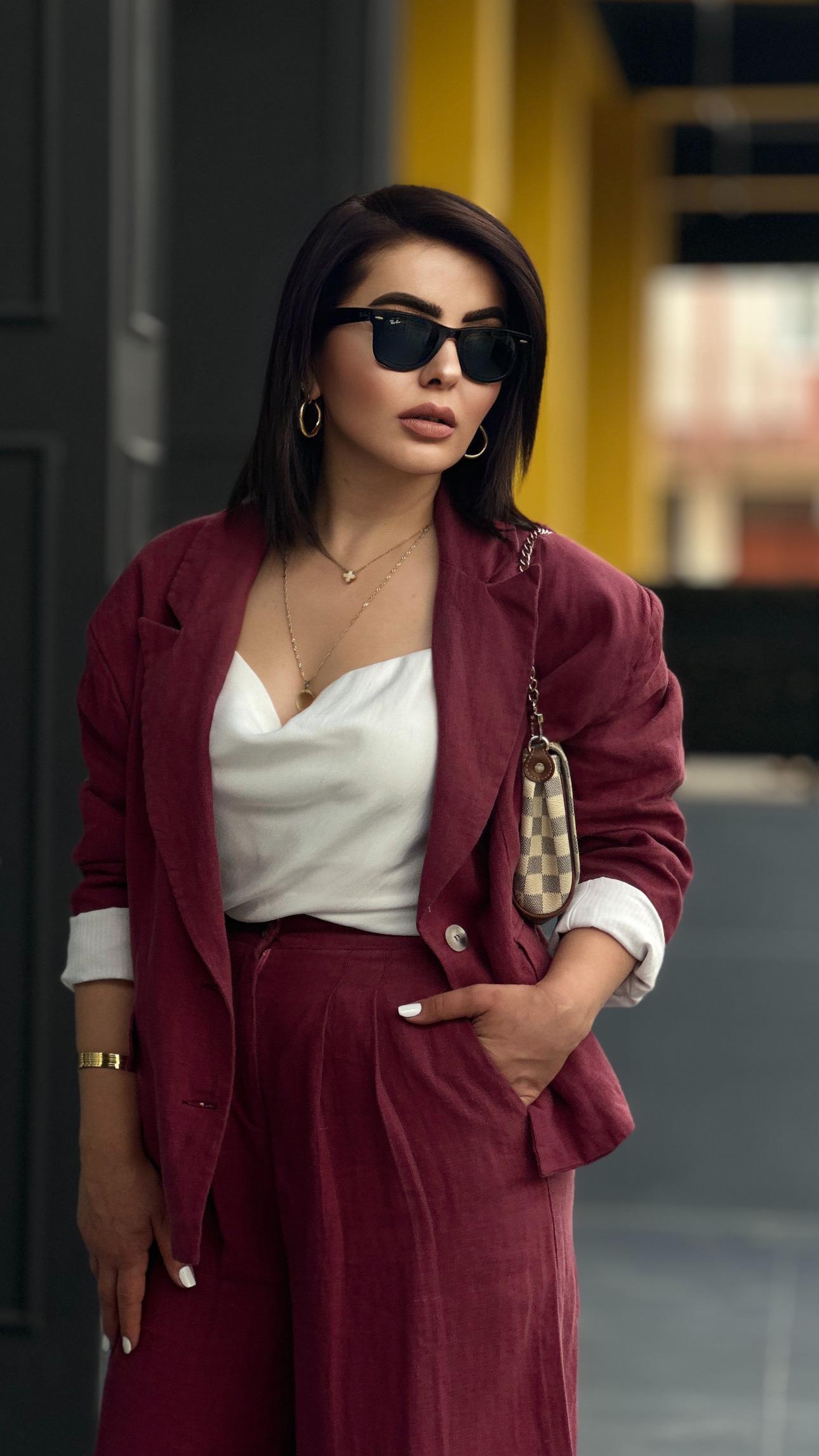 Bordo %100 Ham Keten Blazer Ceket 