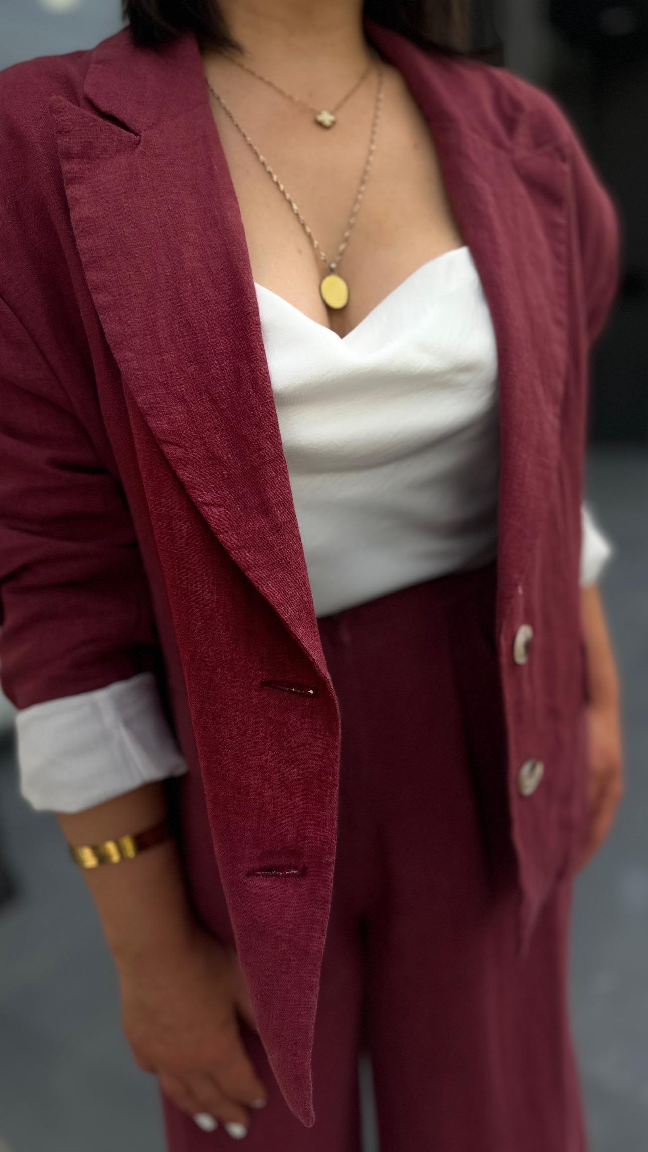 Bordo %100 Ham Keten Blazer Ceket 
