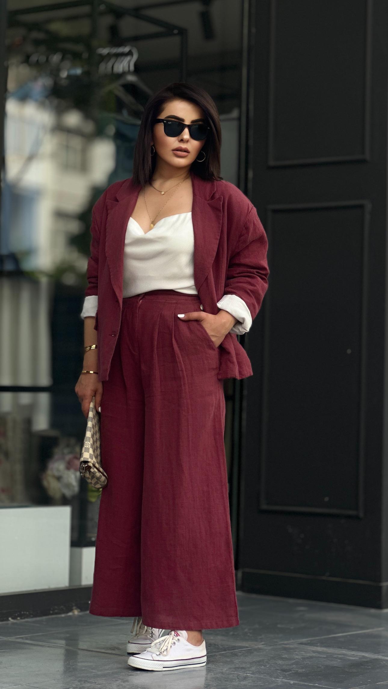 Bordo % 100 Ham Keten Çift Pensli Çift Düğmeli Bol Paça Pantolon 