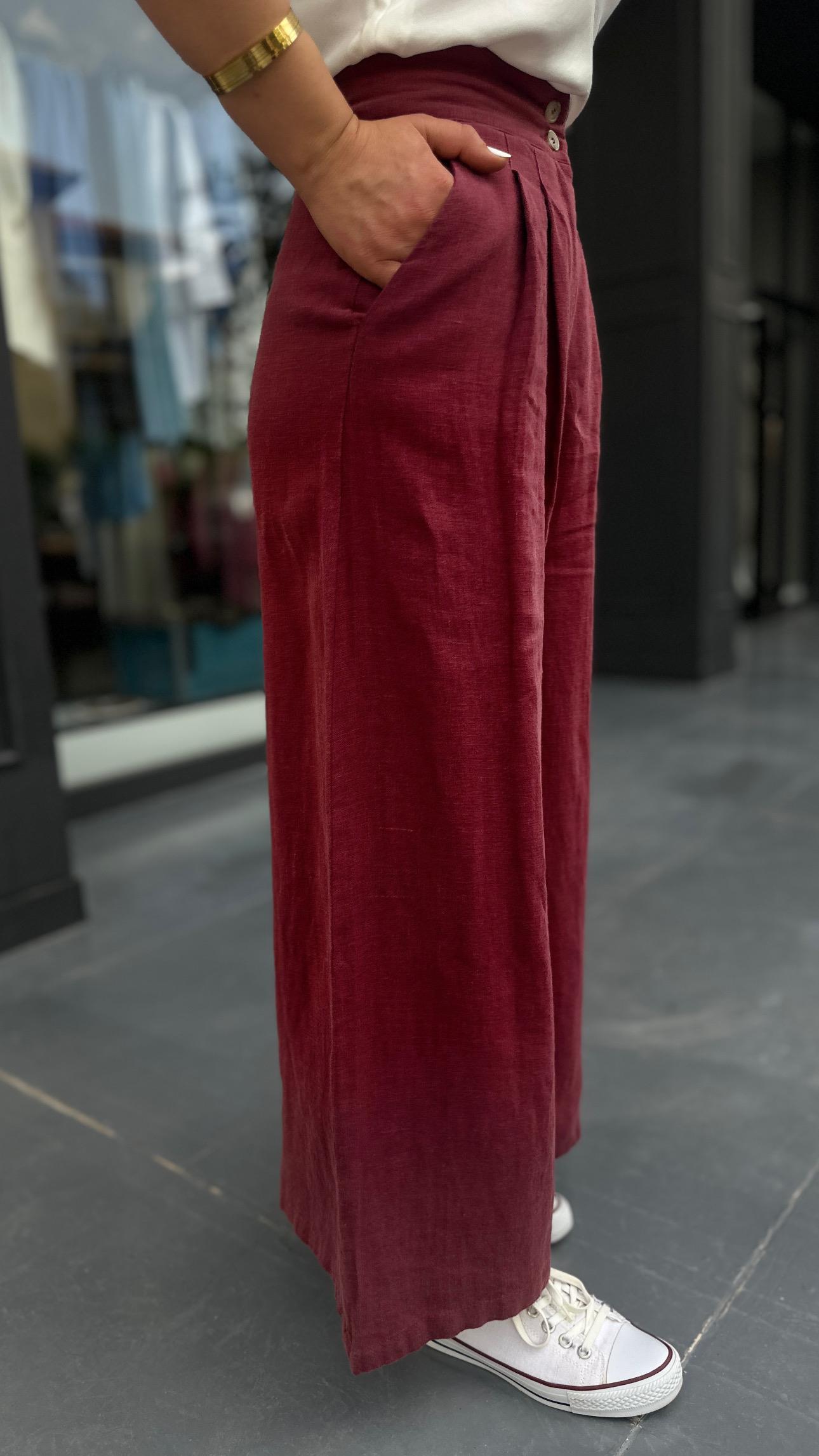 Bordo % 100 Ham Keten Çift Pensli Çift Düğmeli Bol Paça Pantolon 