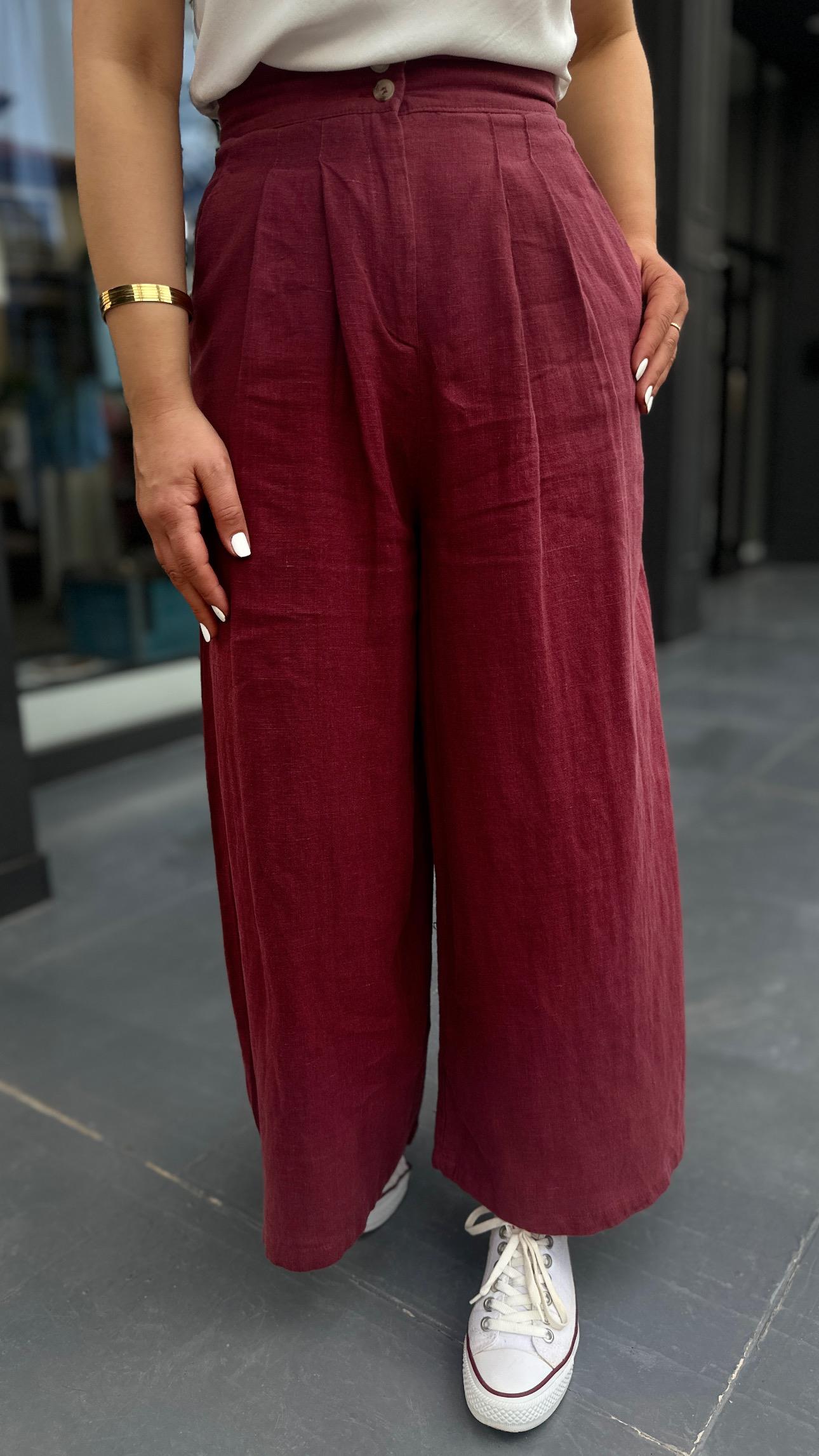 Bordo % 100 Ham Keten Çift Pensli Çift Düğmeli Bol Paça Pantolon 