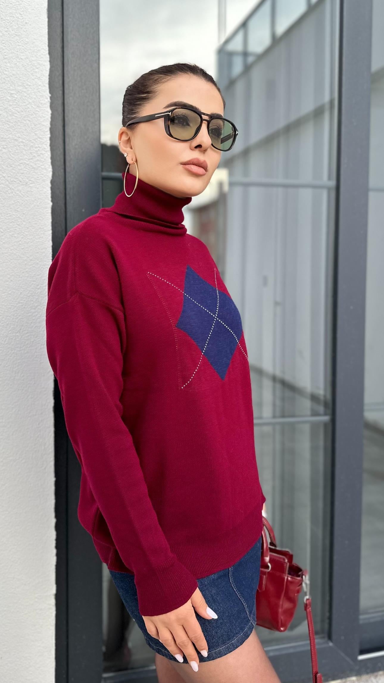 Bordo Balıkçı Yaka Baklava Desen Kazak