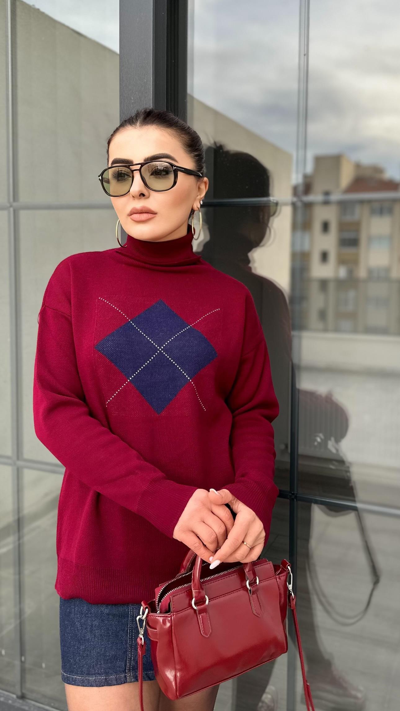 Bordo Balıkçı Yaka Baklava Desen Kazak