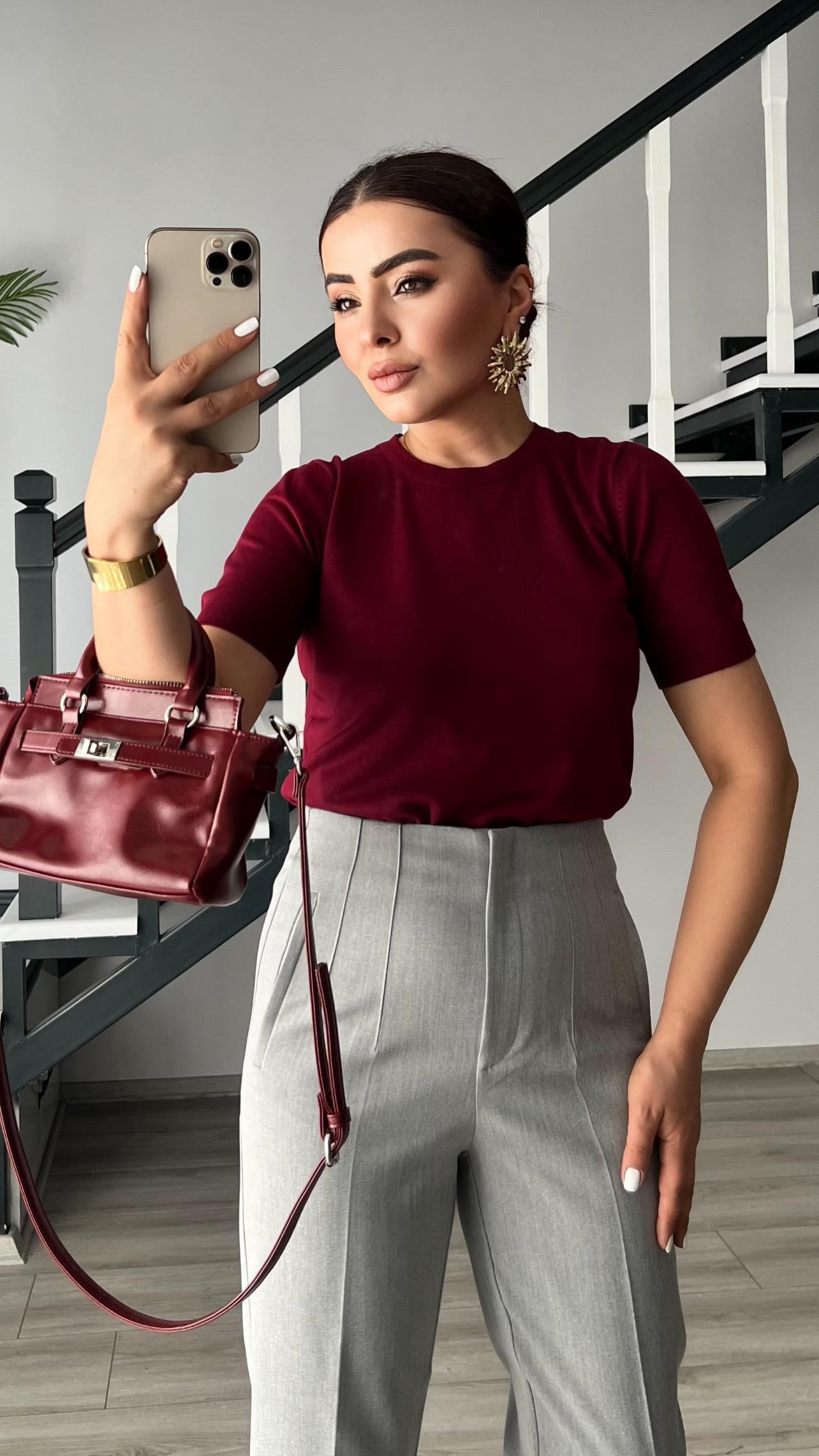 Bordo Bisiklet Yaka Kısa Kol Triko Bluz
