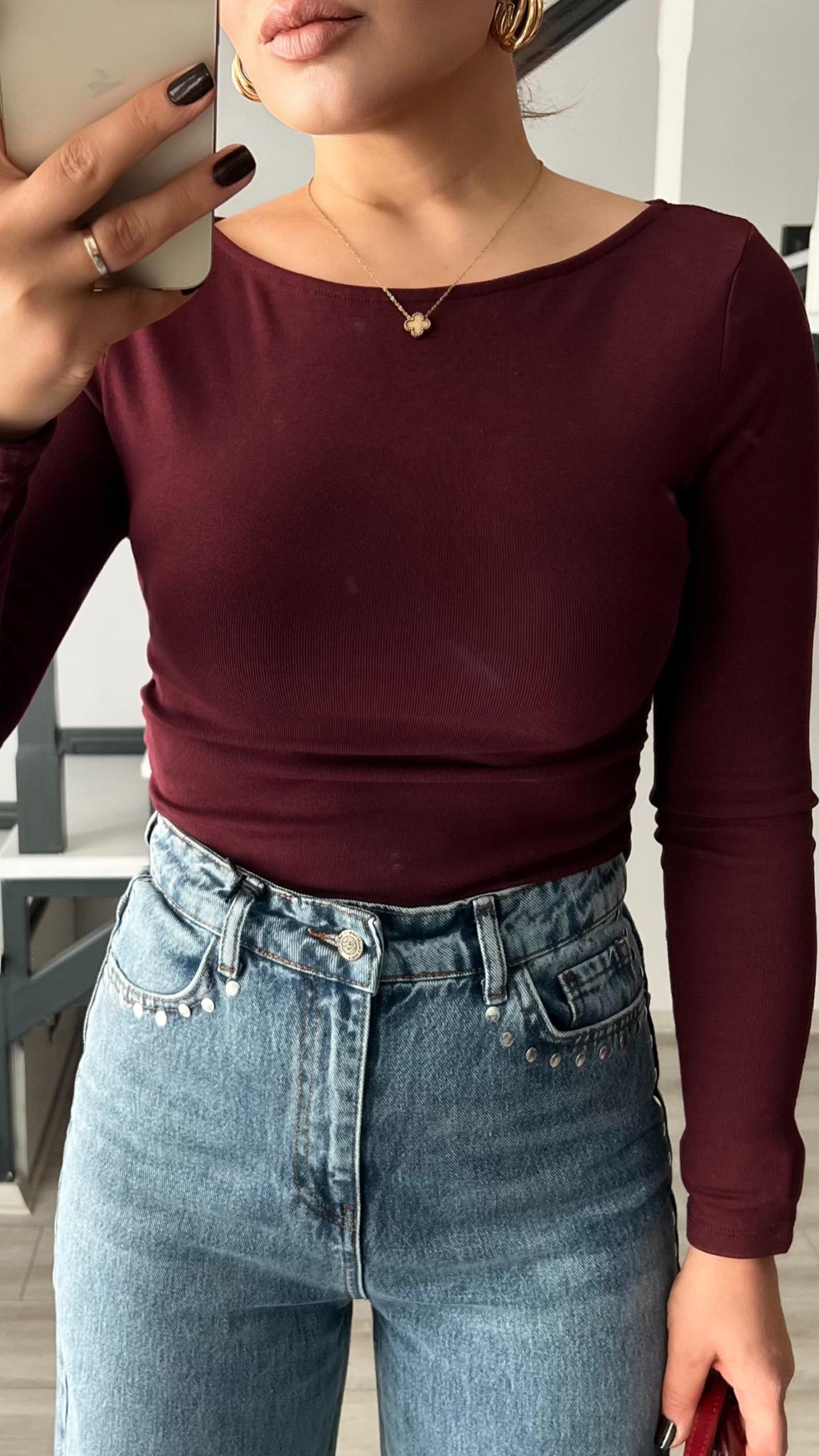 Bordo Büzgülü Kayık Yaka Bluz