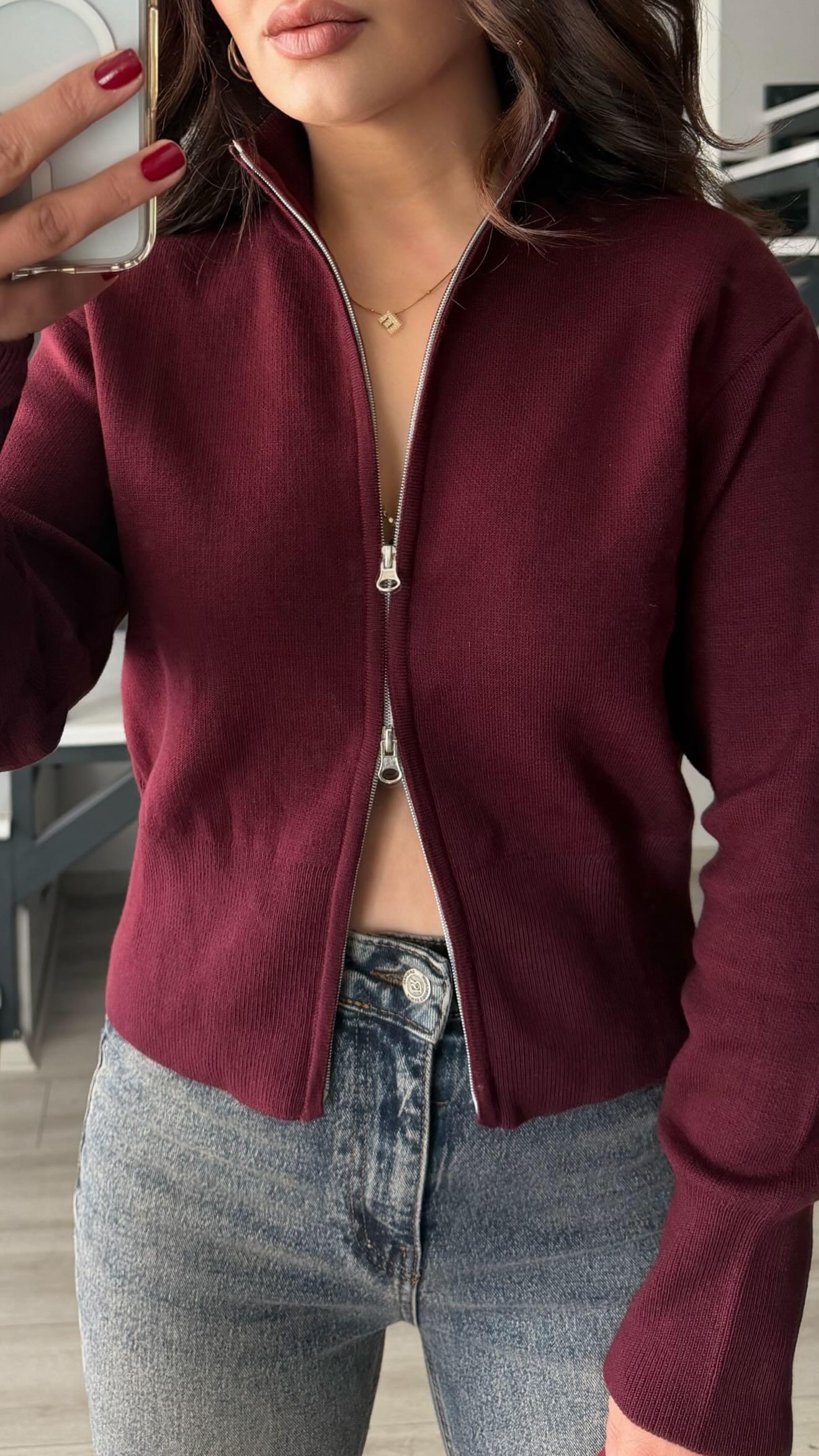 Bordo Çift Fermuarlı Çelik Triko Hırka