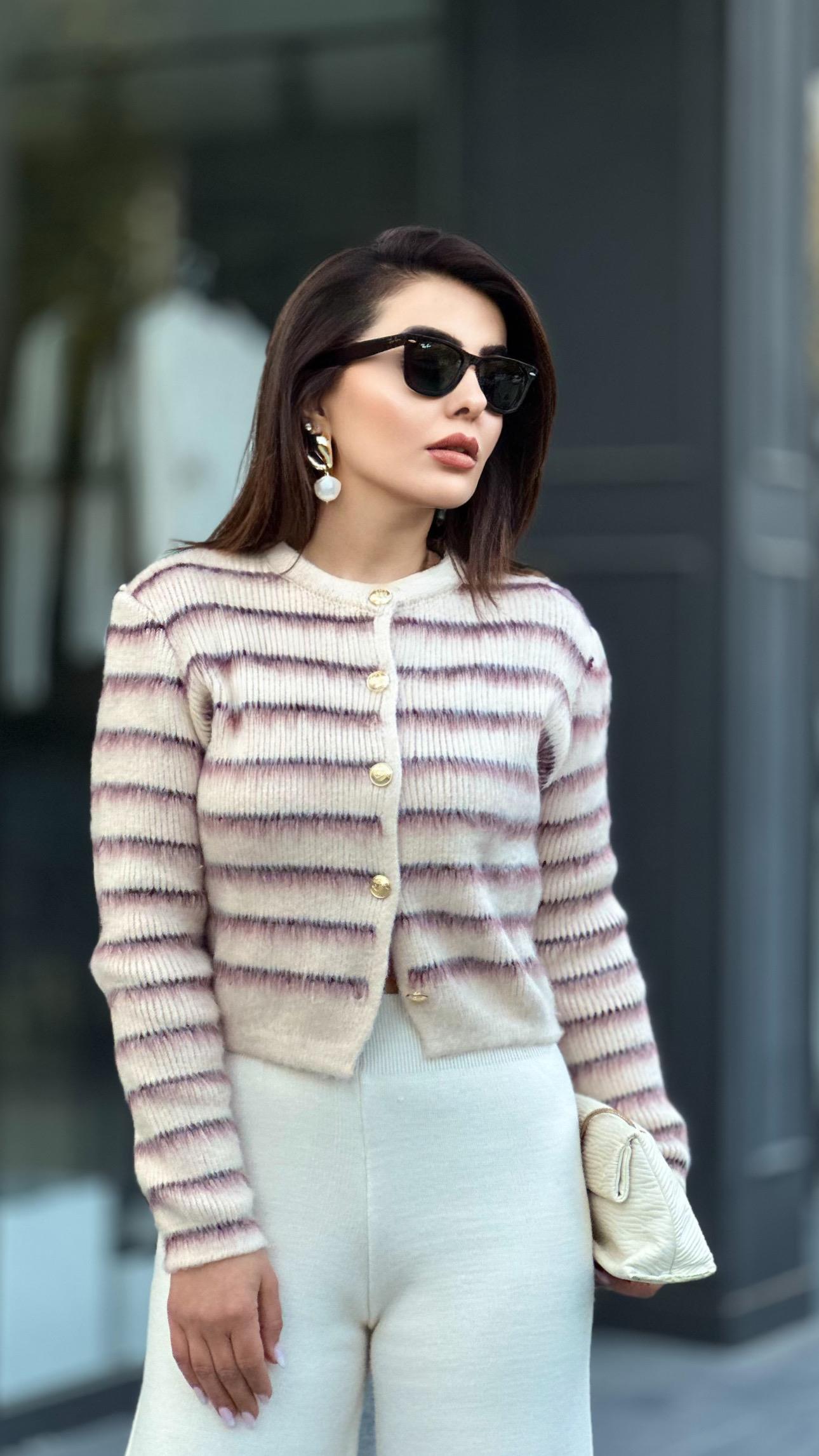Burgundy Striped Furry Cardigan with Gold Buttons