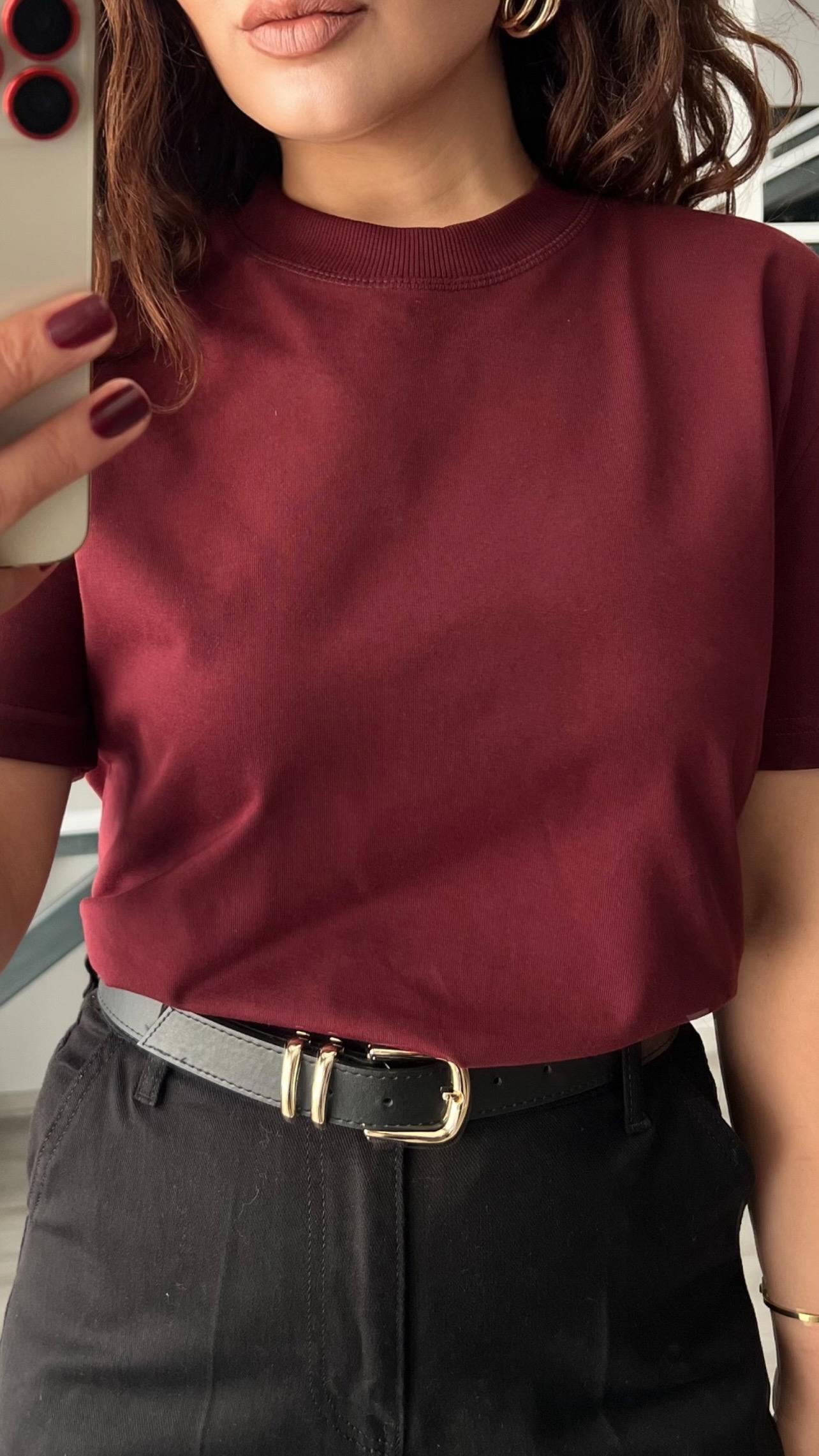Bordo Dekoratif Yaka Tok Doku Tshirt