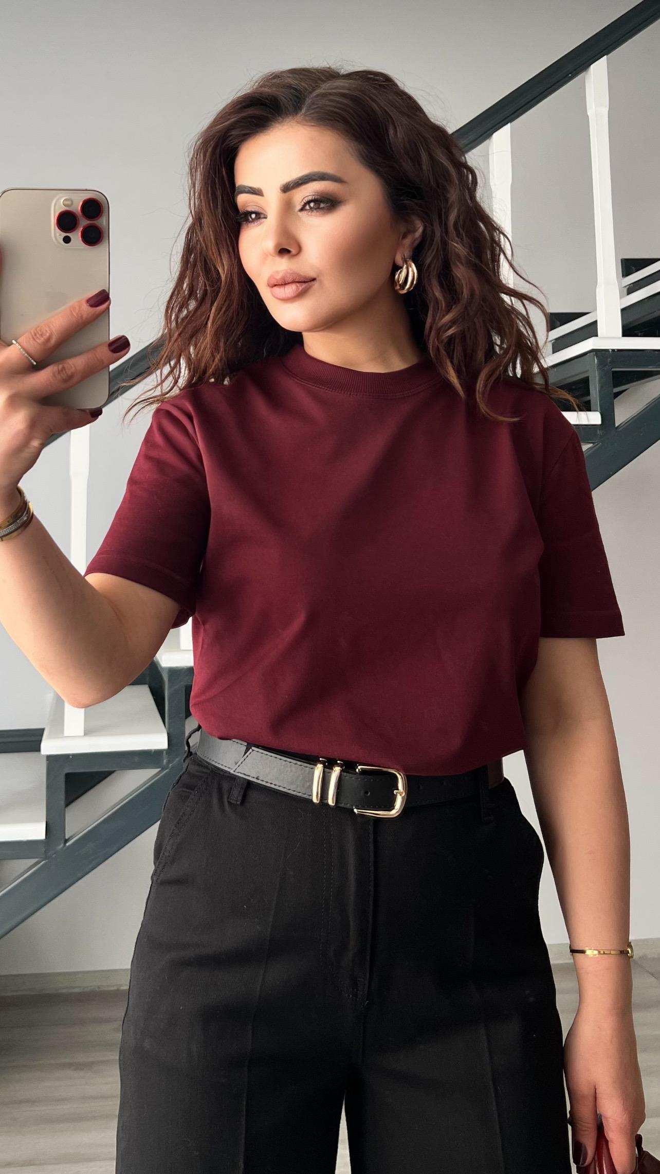 Bordo Dekoratif Yaka Tok Doku Tshirt