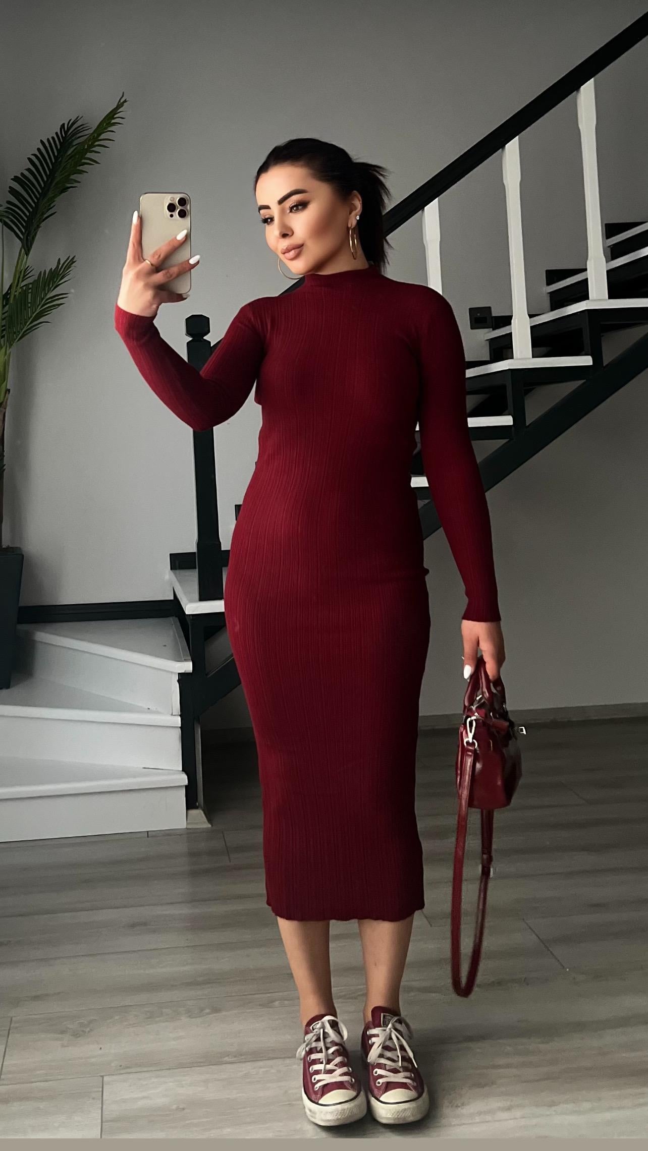 Bordo Dik Yaka Fitilli Triko Elbise