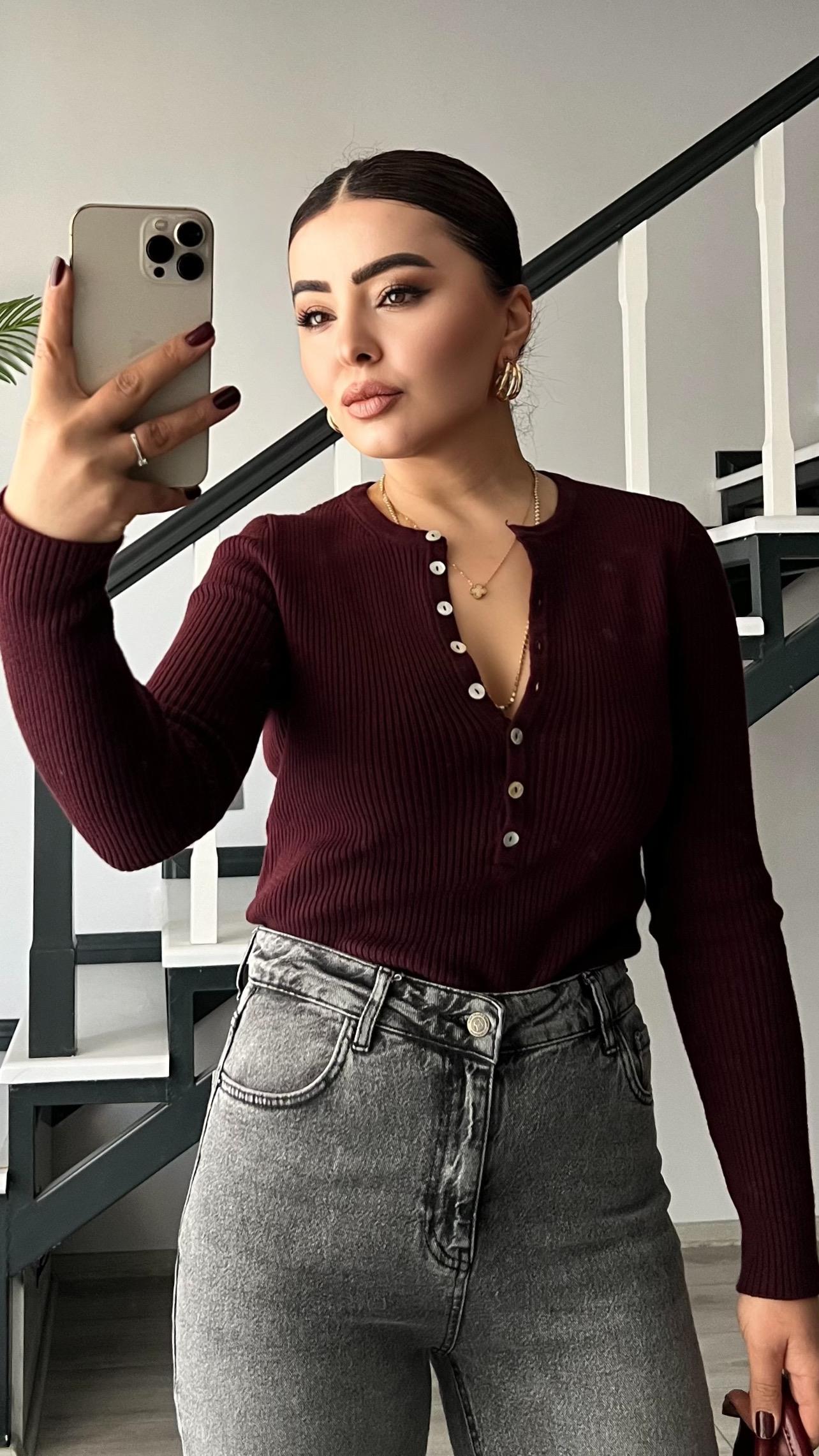 Burgundy Buttoned Wool Knit Blouse