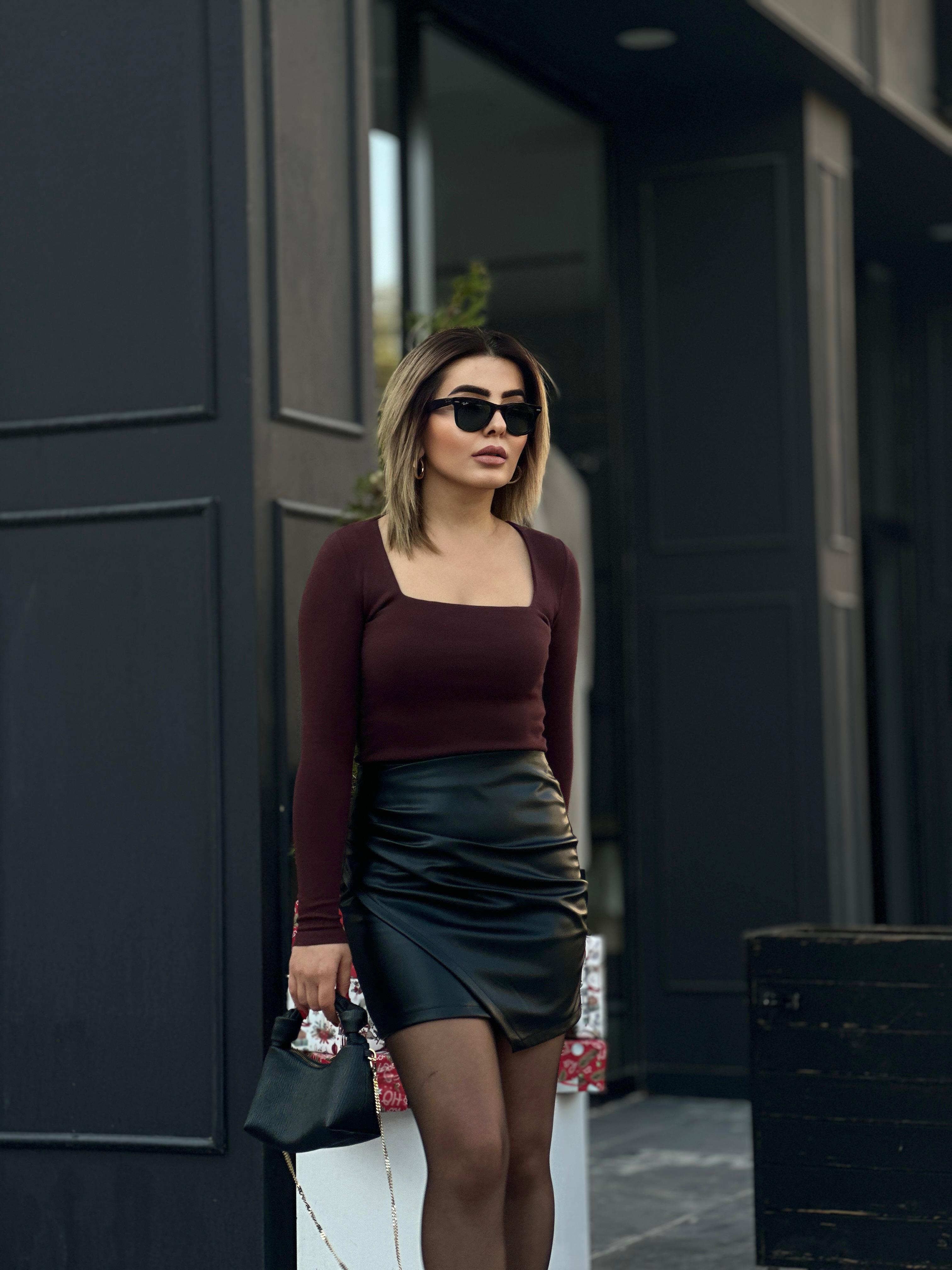 Claret Red Square Neck Ribbed Knitwear Blouse