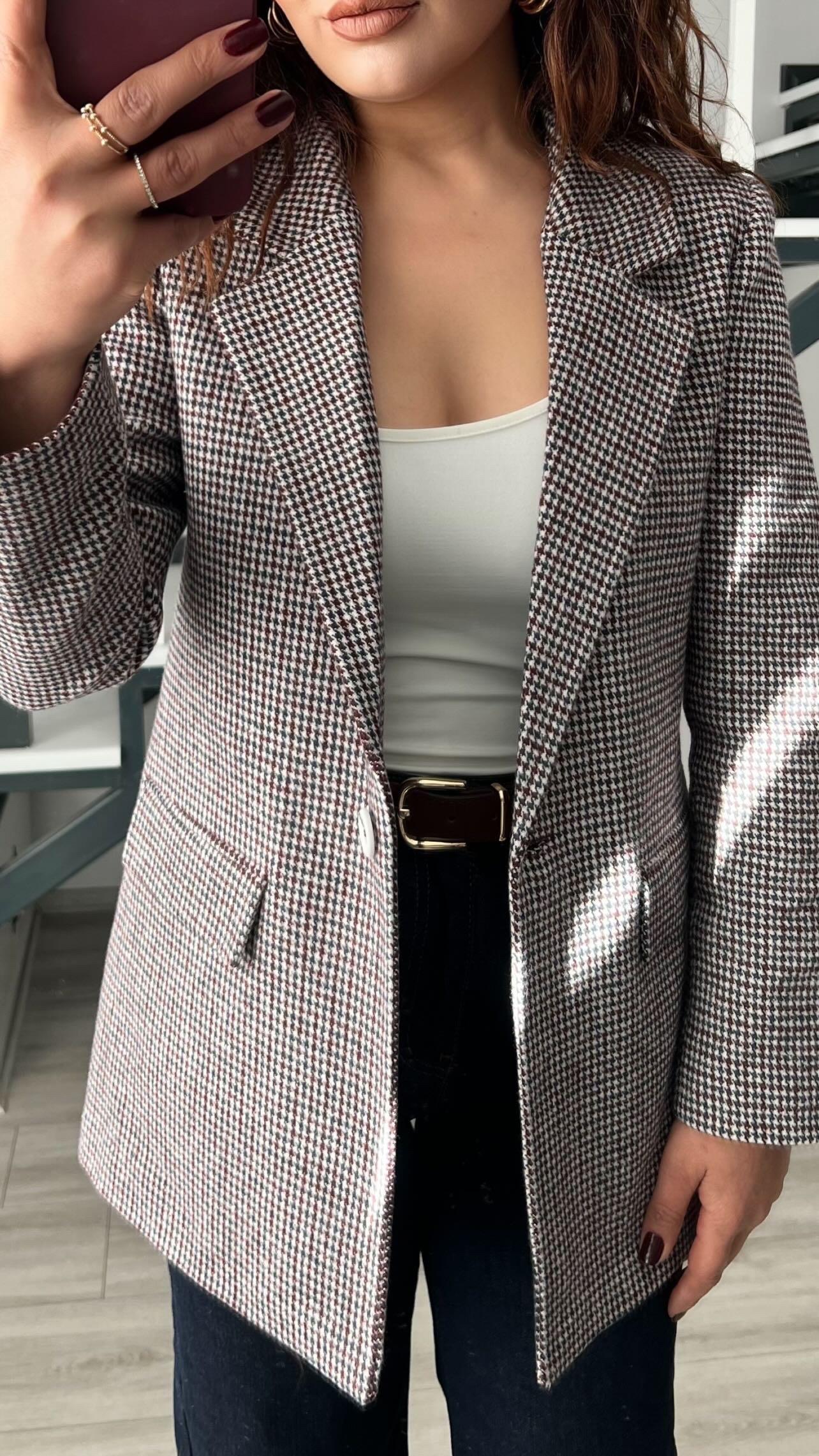 Burgundy Houndstooth One-Button Blazer Jacket