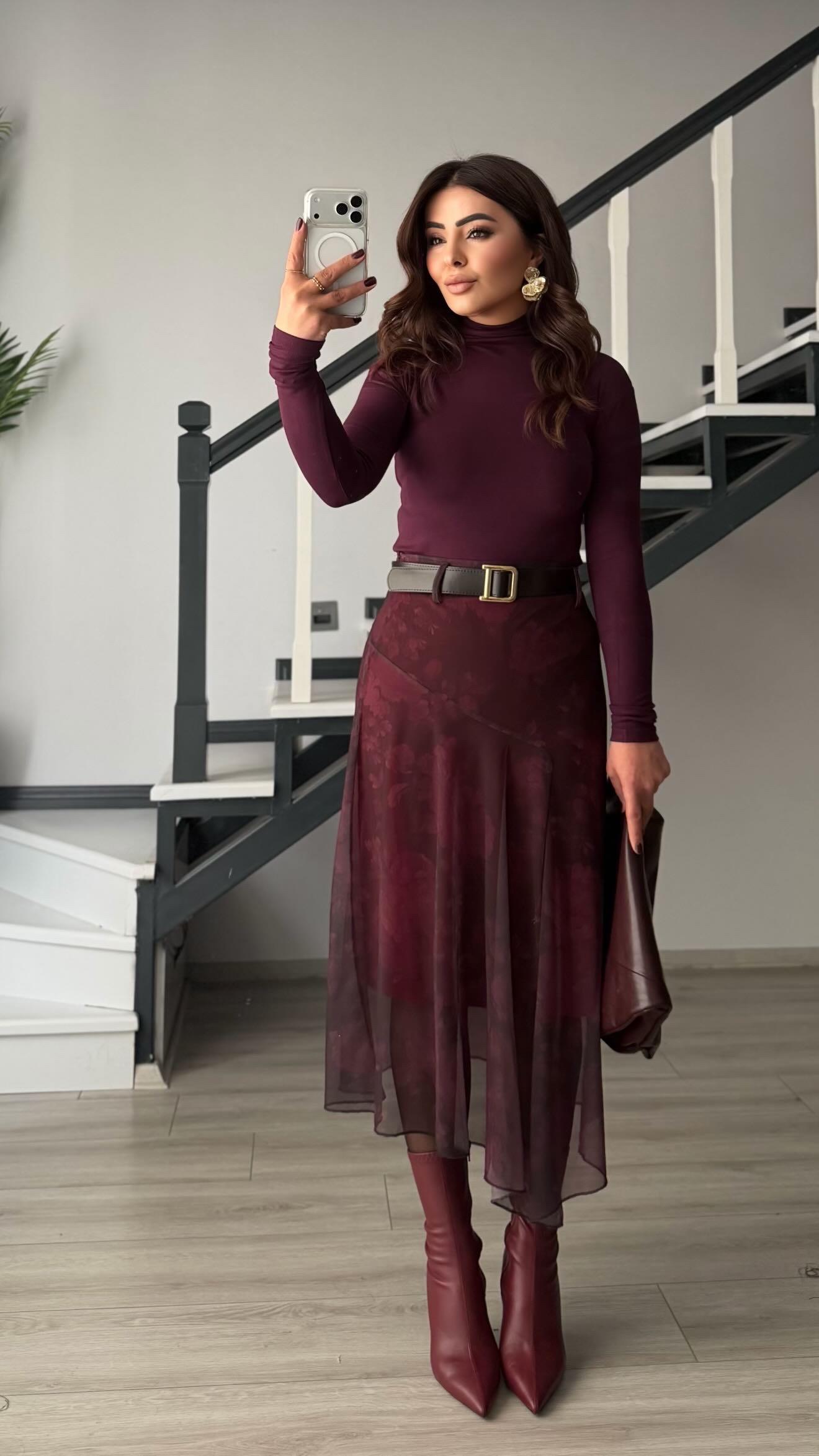 Burgundy Belted Asymmetrical Tulle Skirt with Floral Motif and Lining