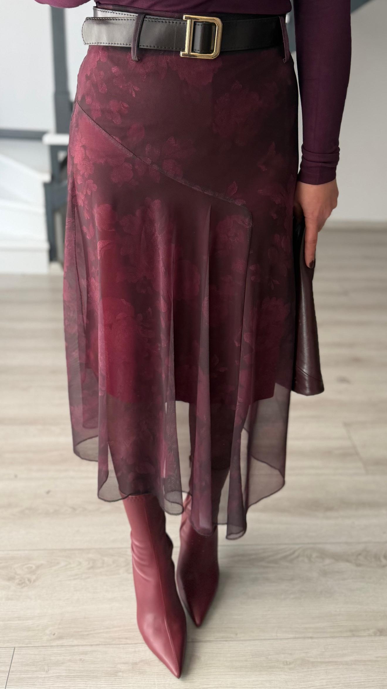 Burgundy Belted Asymmetrical Tulle Skirt with Floral Motif and Lining