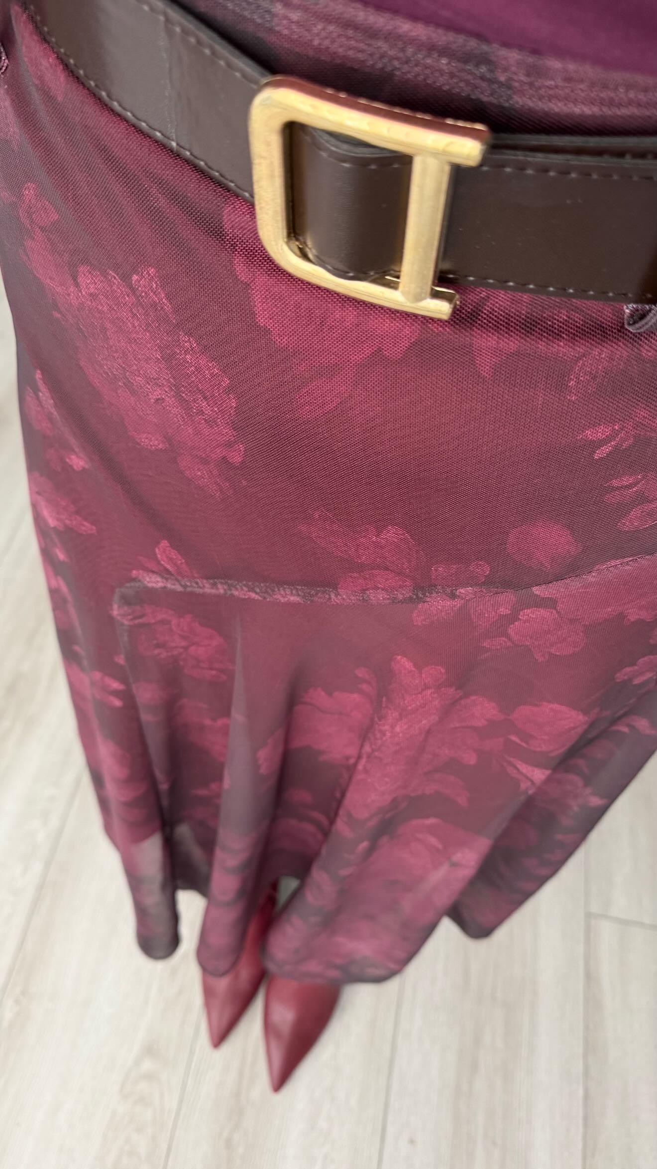 Burgundy Belted Asymmetrical Tulle Skirt with Floral Motif and Lining