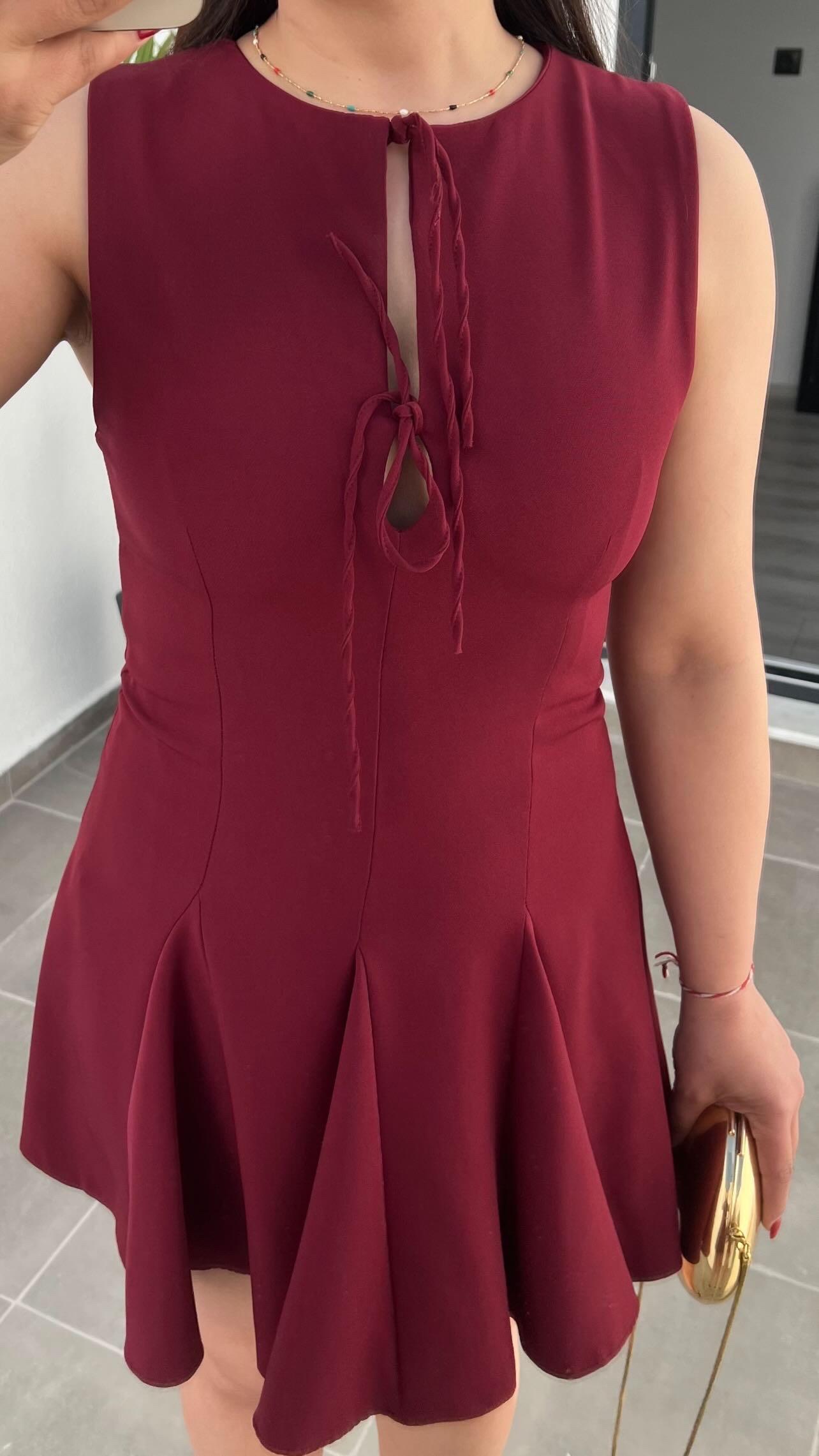 Burgundy Flared Skirt Short Dress with Bow