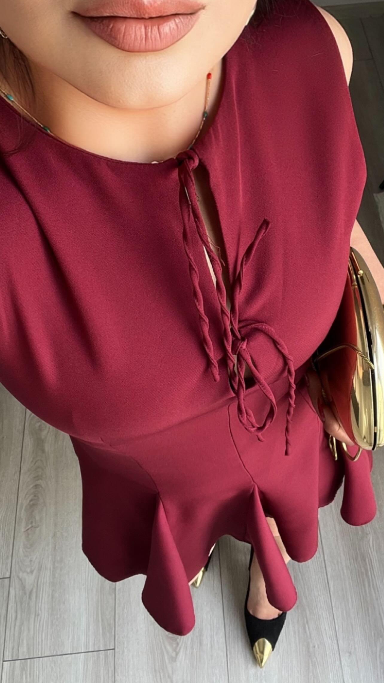 Burgundy Flared Skirt Short Dress with Bow