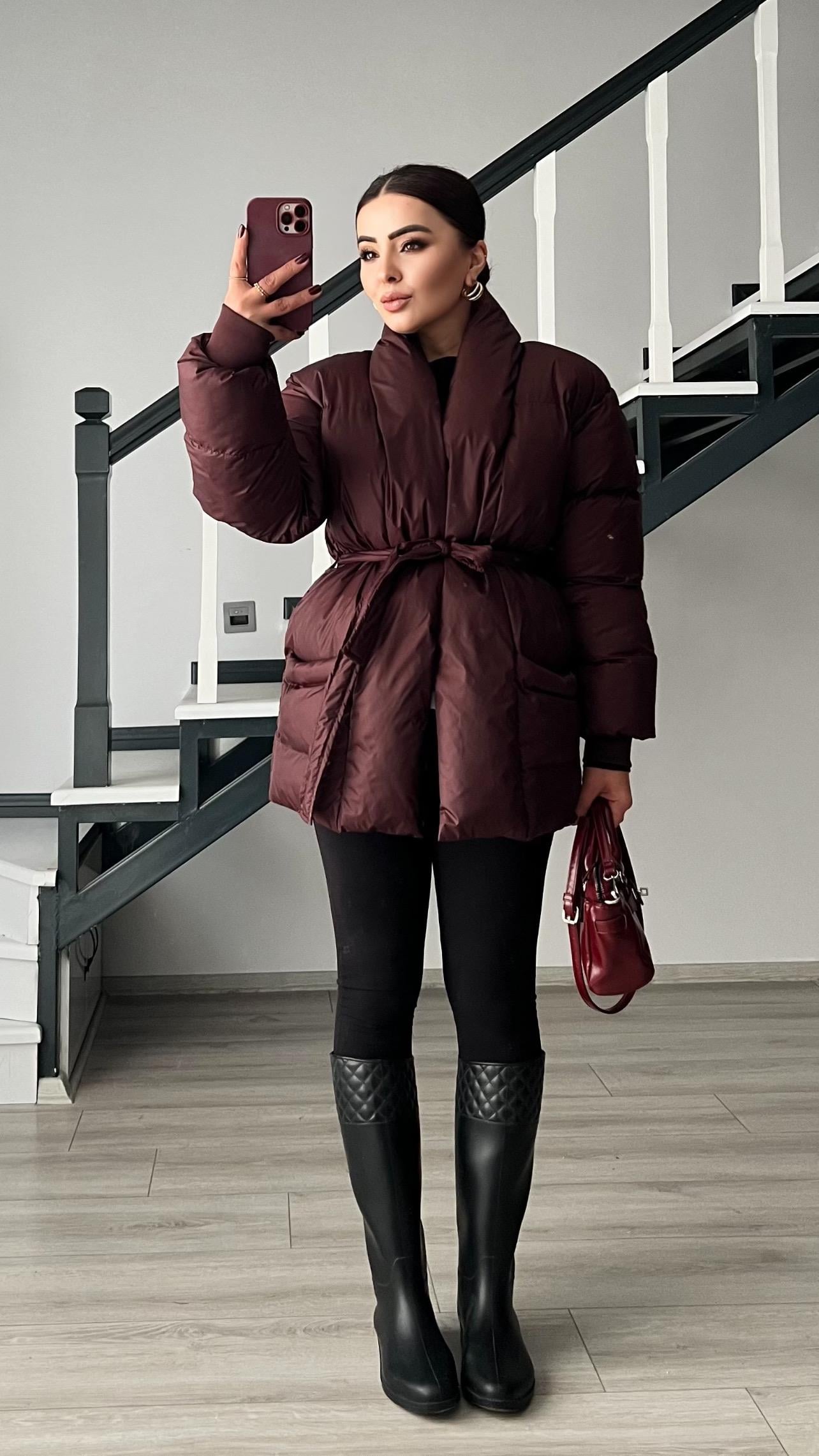 Bordo Kruvaze Kuşaklı Şişme Mont