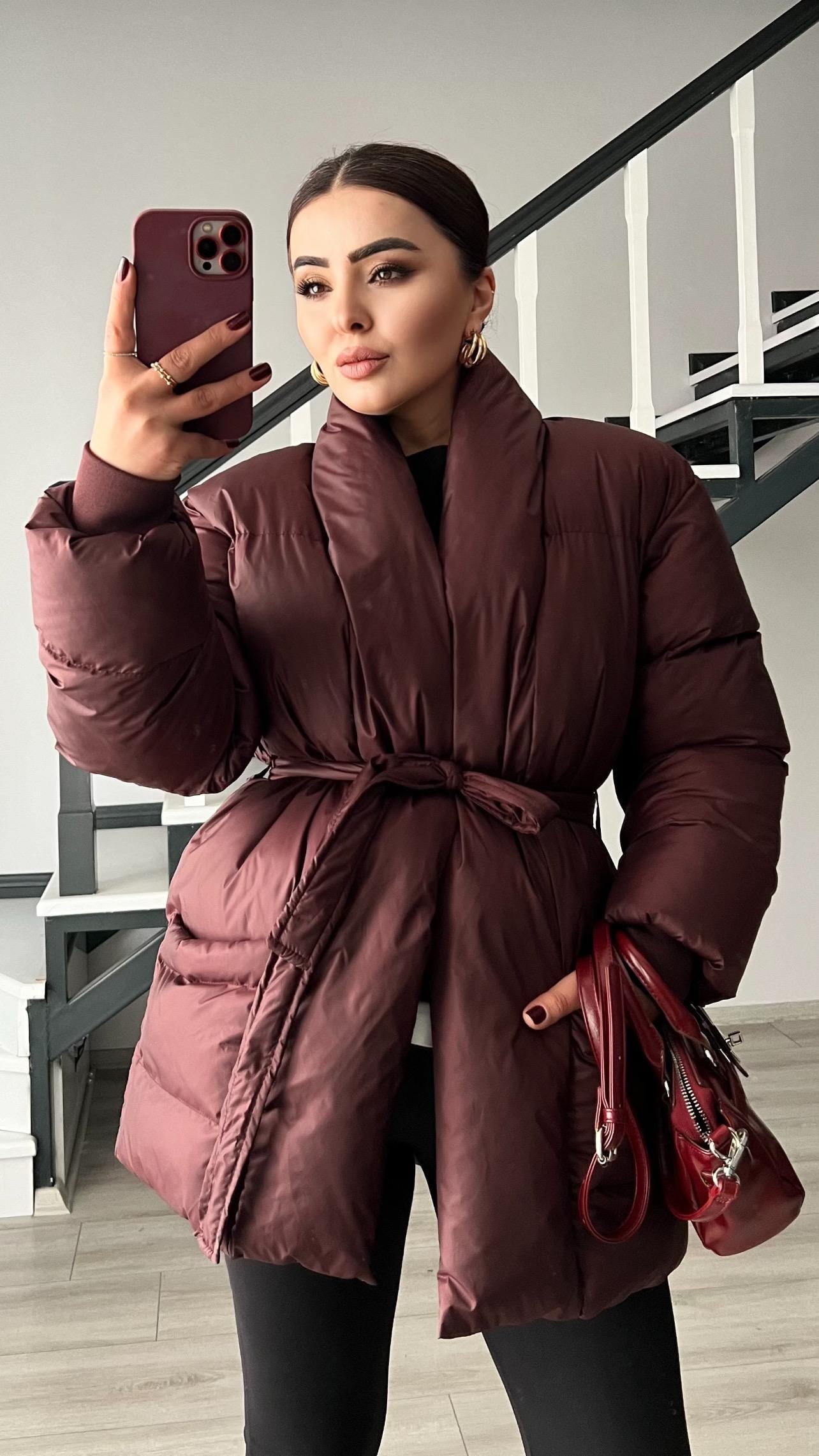 Bordo Kruvaze Kuşaklı Şişme Mont