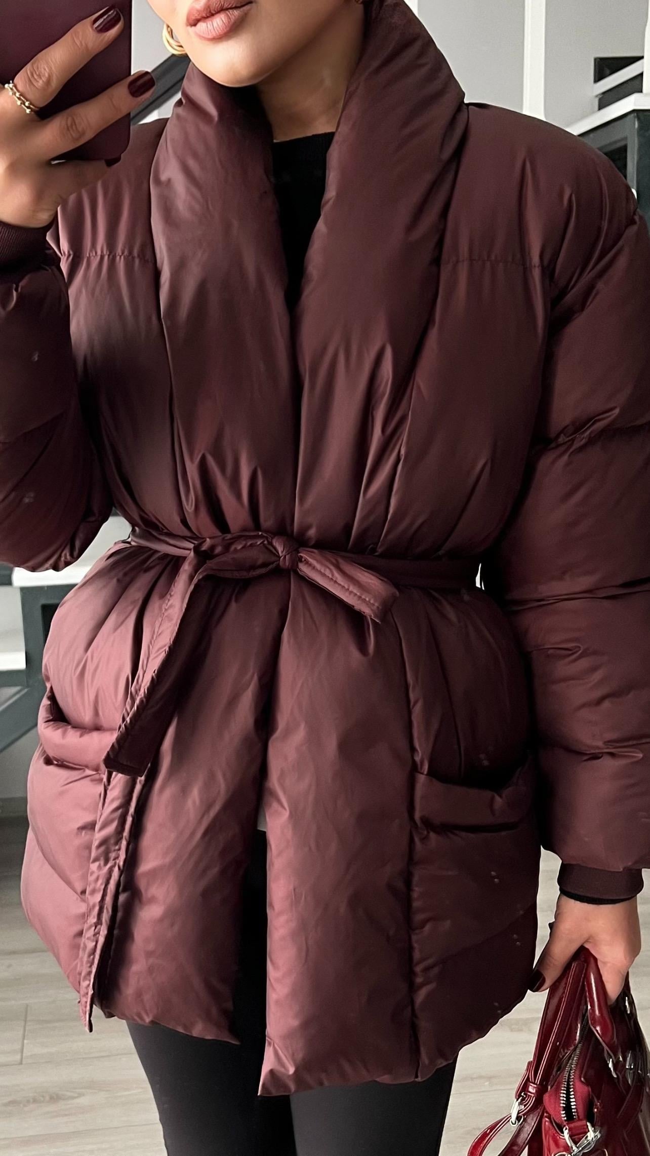 Bordo Kruvaze Kuşaklı Şişme Mont