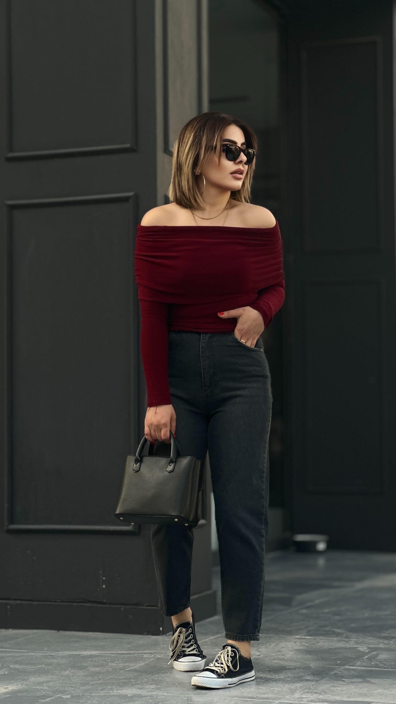 Burgundy Madonna Neckline Blouse with Side Gathering