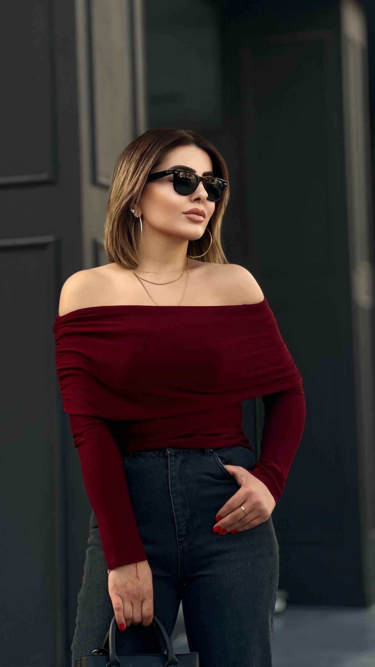 Burgundy Madonna Neckline Blouse with Side Gathering