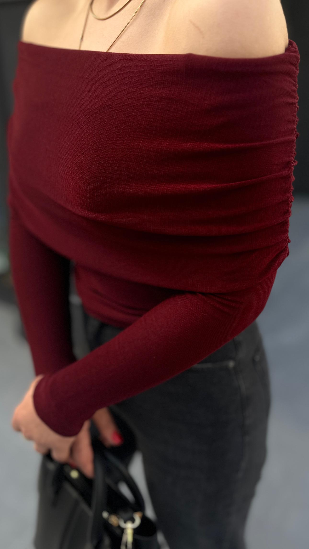 Burgundy Madonna Neckline Blouse with Side Gathering